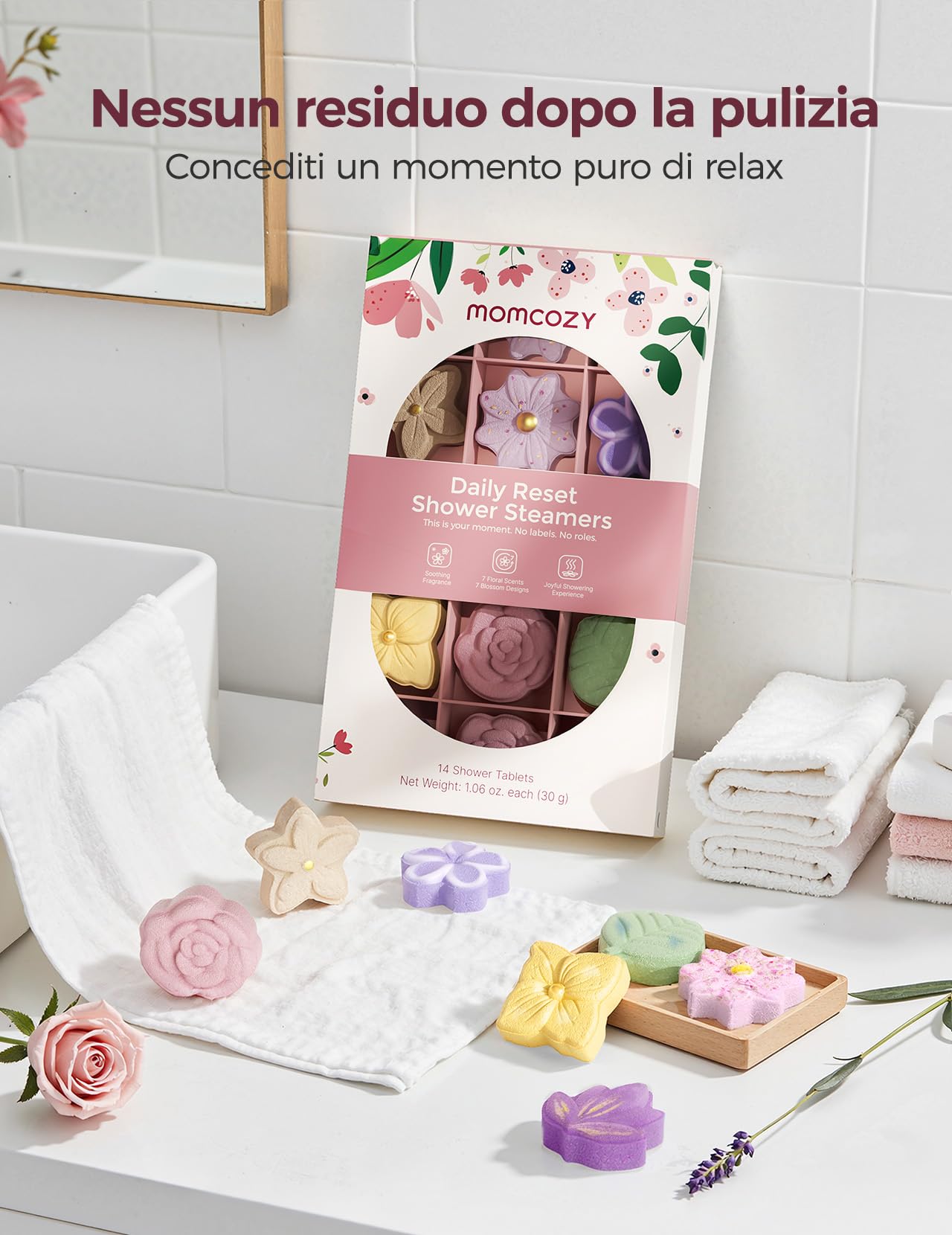 Momcozy - Set di bombe da doccia per aromaterapia, 14 pezzi con 7 fragranze floreali, spa a casa e relax quotidiano, formula delicata, idea regalo festa della mamma