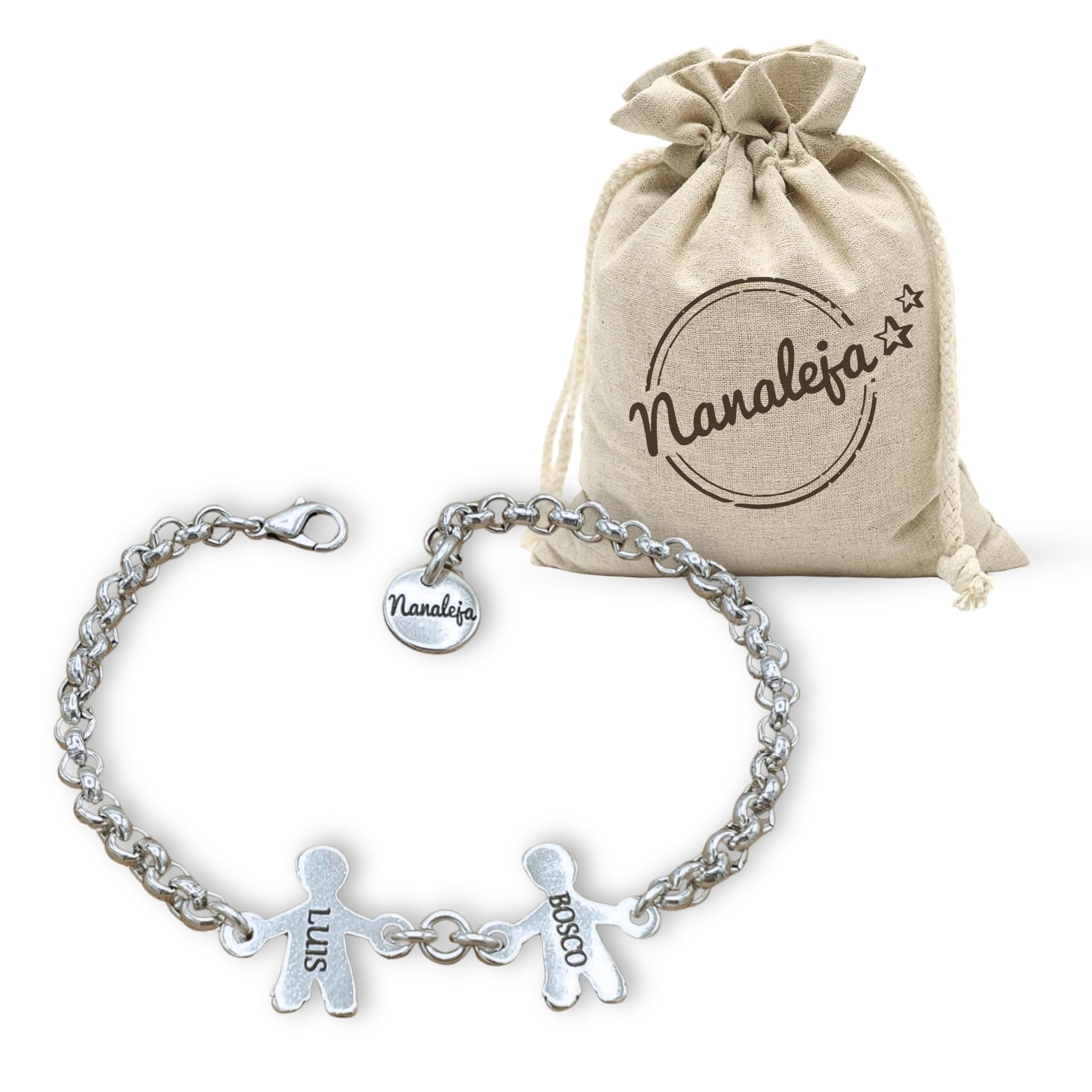 Pulsera nombre hijos - Nanaleja - pulseras personalizadas con nombre - bañado todo en plata - pulsera con nombre personalizado - pulsera abuela - puedes poner hasta 6 niños/as