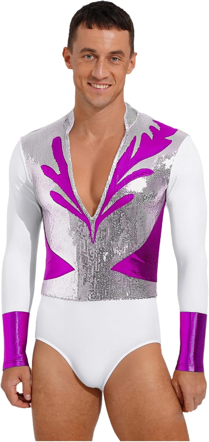 Men's Sequin Metallic Patchwork Latin Dance Leotard Ballet Gymnastics Figure Skating Dance Bodysuit