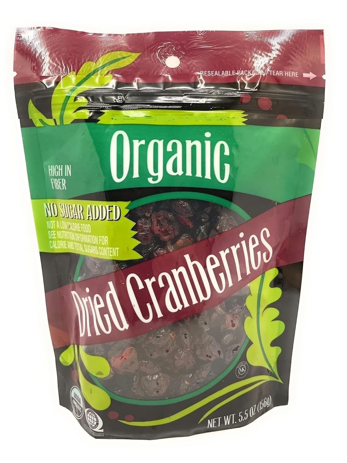 Organic Dried Cranberries High IN Fiber, No Sugar Added 5.5oz(156g) – Pack of 2