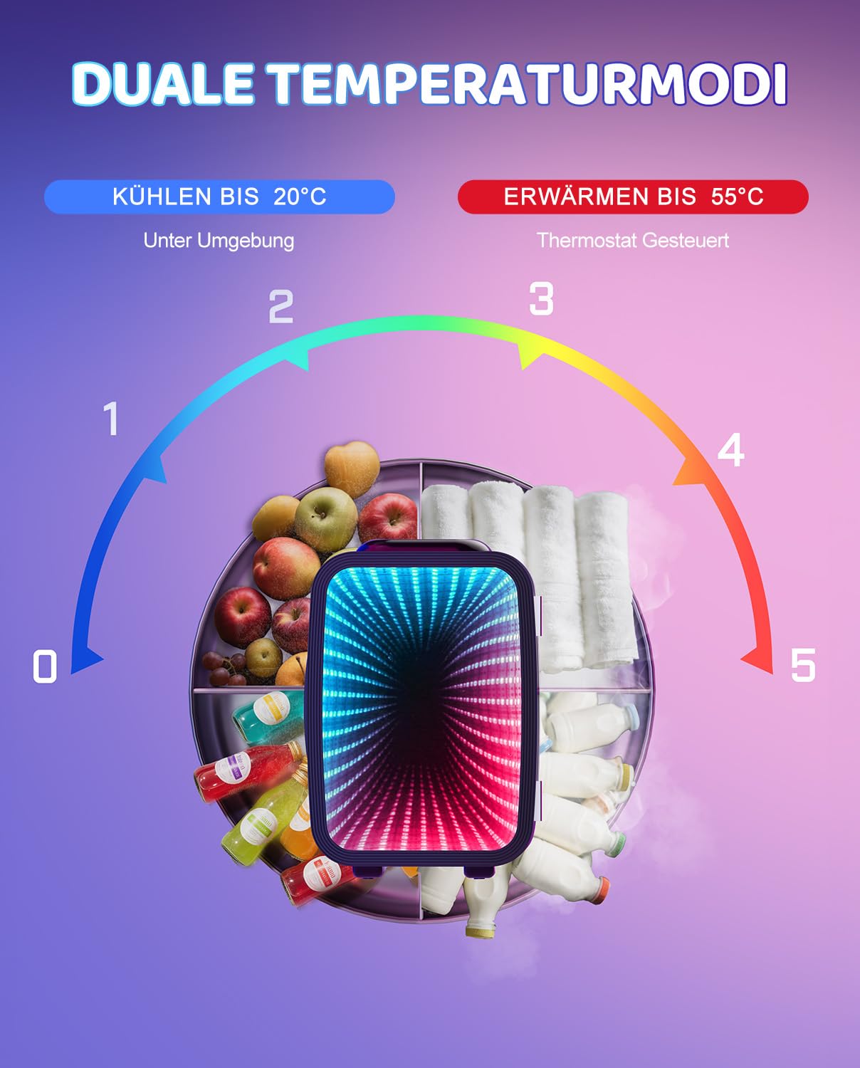 LIGIANT MF01C Mini Kühlschrank mit 7 Lichtmodi & Blinkendem Marquee-Effekt, Leise Kühl-/Warmfunktion, AC/DC, 4L/6 Dosen, Für Gaming-Zimmer, Schlafzimmer, Büro & Auto