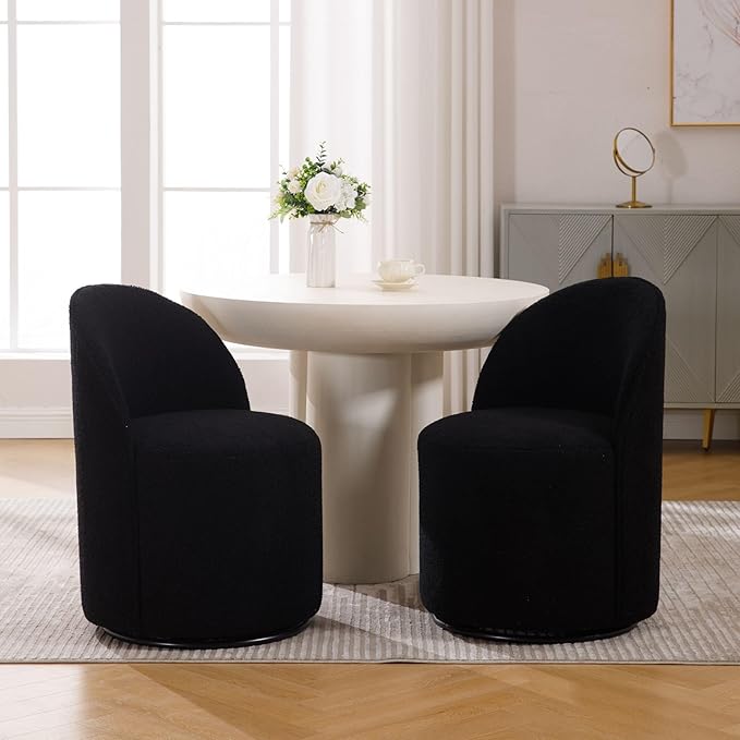 Wahson Boucle Swivel Dining Chair Set of 2, Modern Upholstered Barrel Accent Chair with 360 Degree Rotation, Black Vanity Chair for Dining/Living Room, Bedroom, Makeup Room