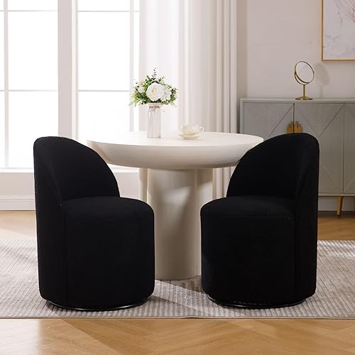 Wahson Boucle Swivel Dining Chair Set of 2, Modern Upholstered Barrel Accent Chair with 360 Degree Rotation, Black Vanity Chair for Dining/Living Room, Bedroom, Makeup Room