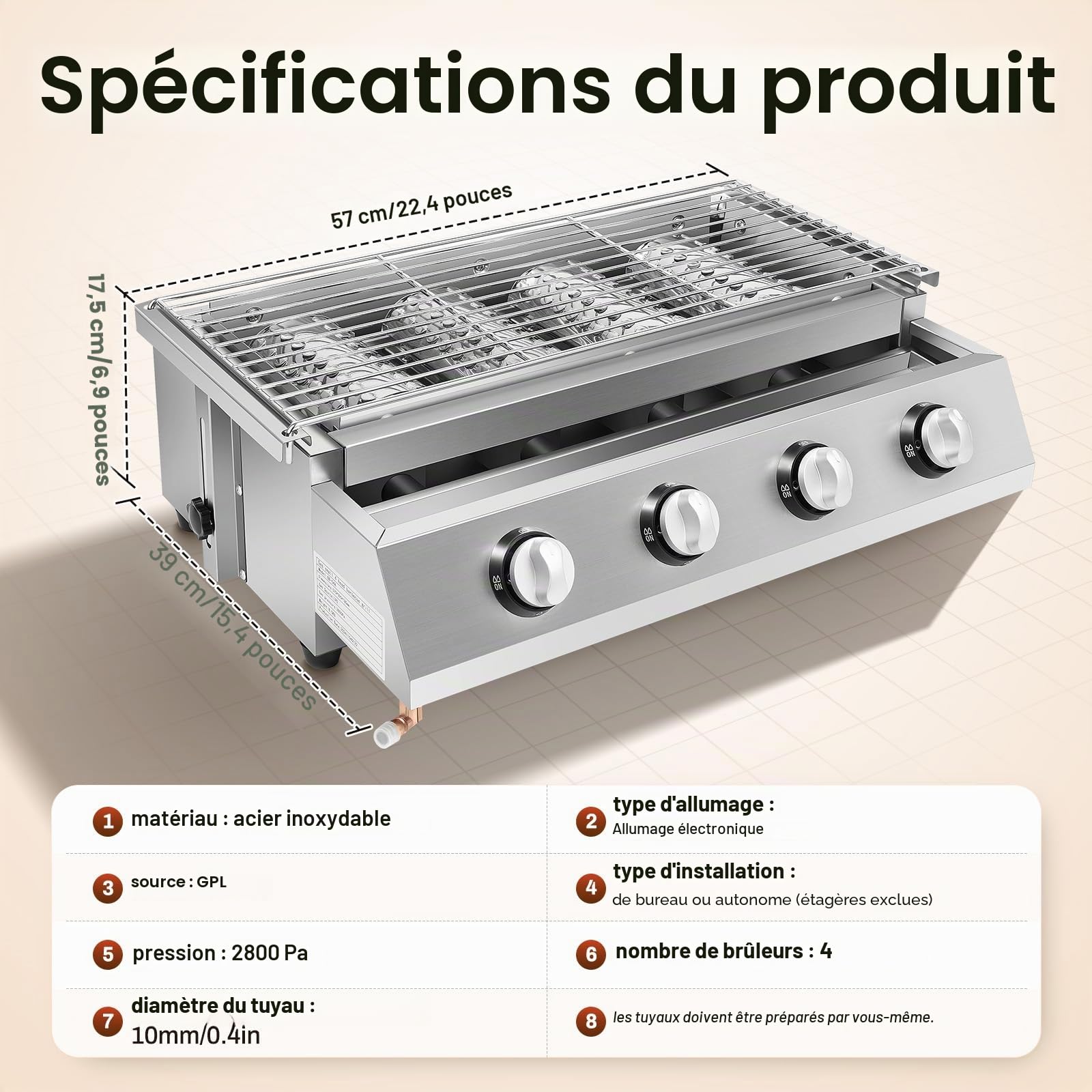Barbecue à gaz à 4 brûleurs, barbecue de table portable, barbecue de camping portable, barbecue à gaz en acier inoxydable, barbecue à gaz, cuisinière à gaz d'extérieur, barbecue butane, grille