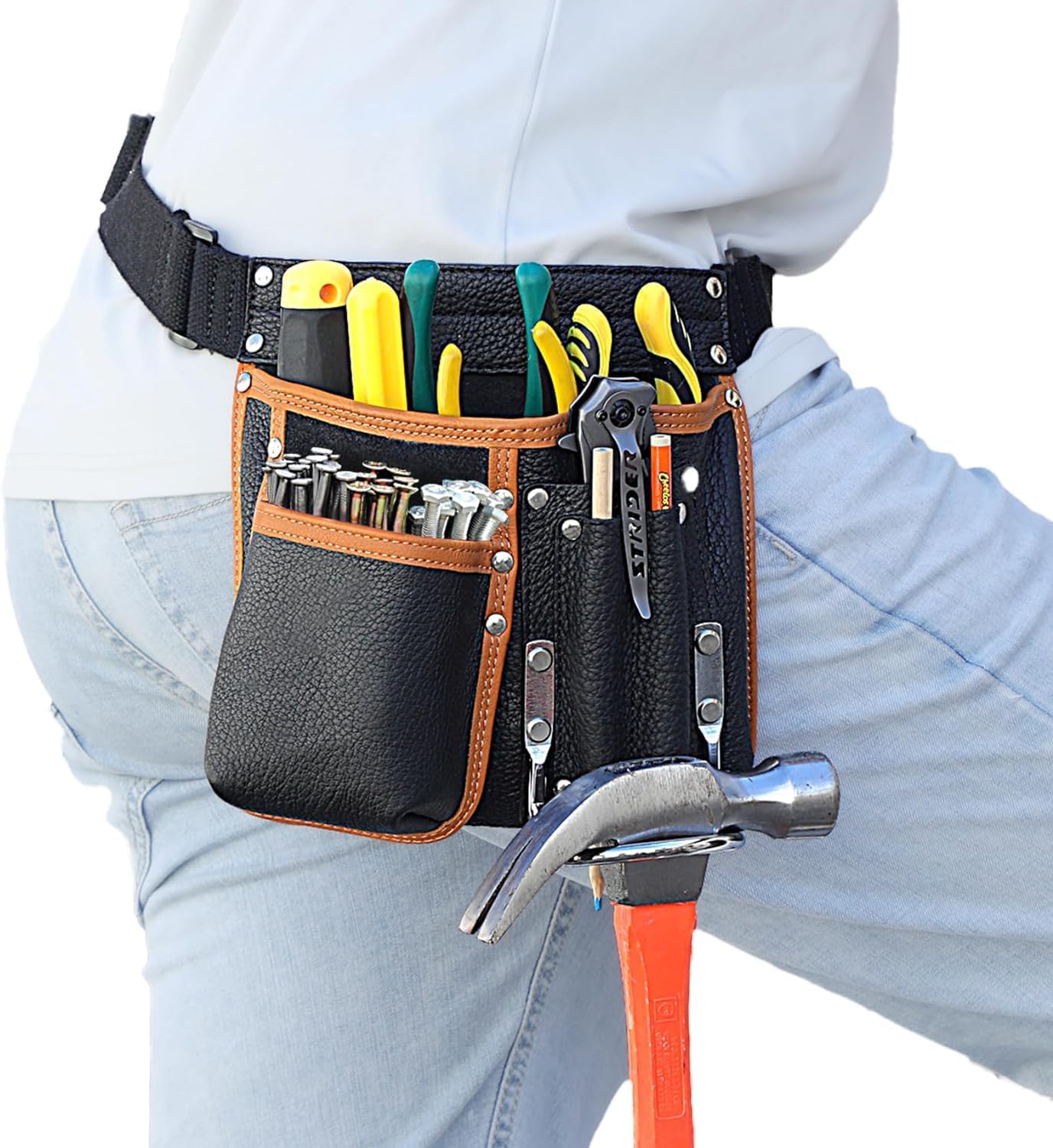 Tool Belt,Genuine Leather Tool Pouch,Detachable & Adjustable Single Side Tool Belt Pouch for Electrician,Carpenter,Construction,Work Apron,Utility Belt.