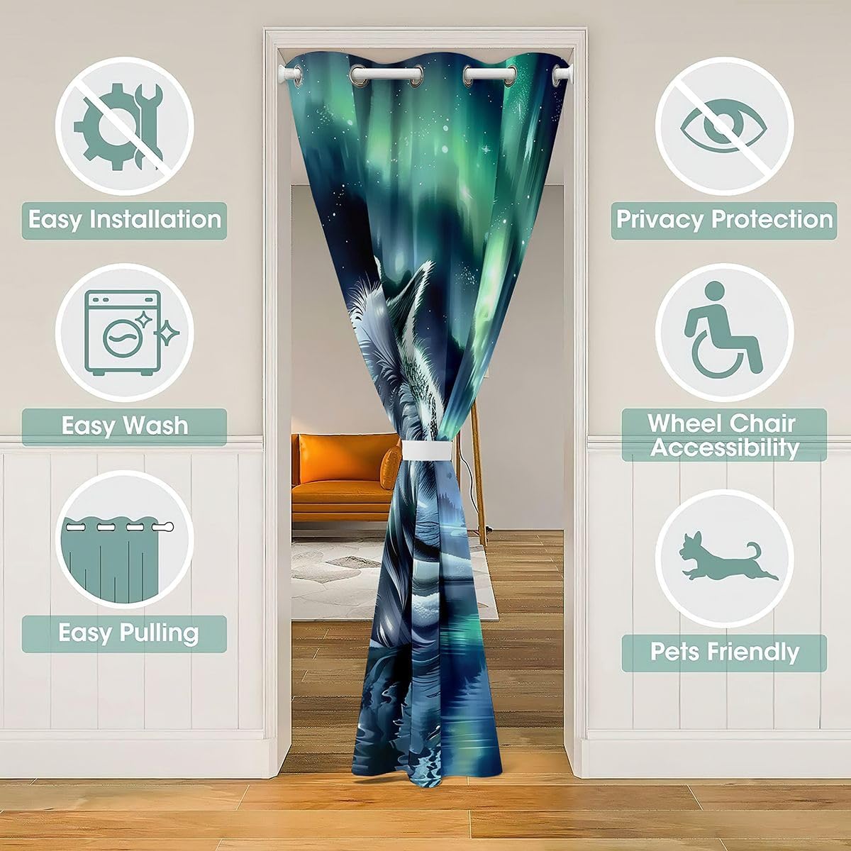 Erosebridal Aurora Wolf Doorway Curtains Privacy for Teens Youth - Cool Wolf Wildlife Blackout Curtain Gradient Aurora Galaxy Closet Door Curtain Mystical Forest Lake Room Divider Drape 42" W x 80" L