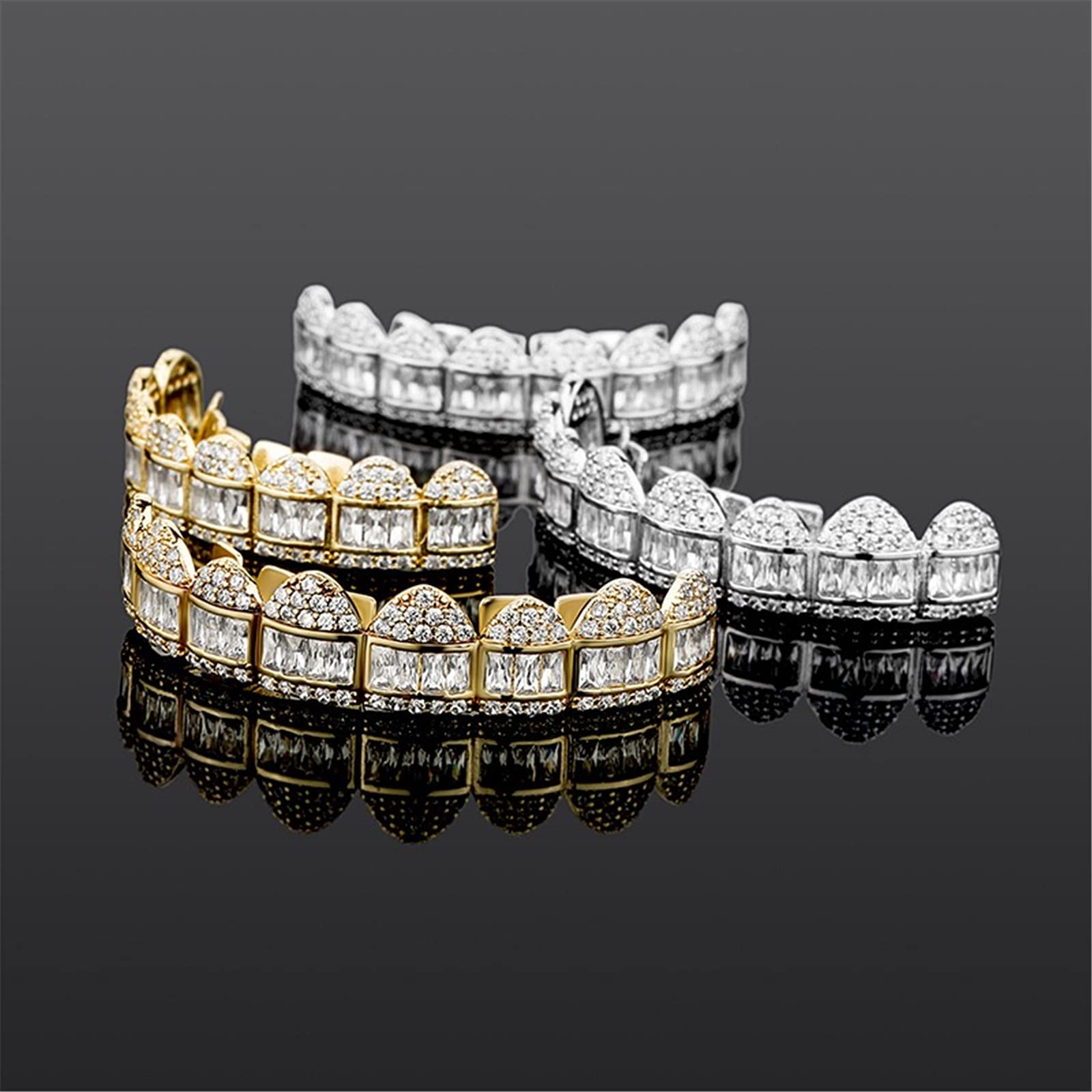 Fantex Iced Out Brillant Baguette CZ Diamant Dents Grills Porter Ensemble de Bijoux, Or 18K Plaqué Or Hip Hop Dents Bretelles pour Hommes Femmes (White)