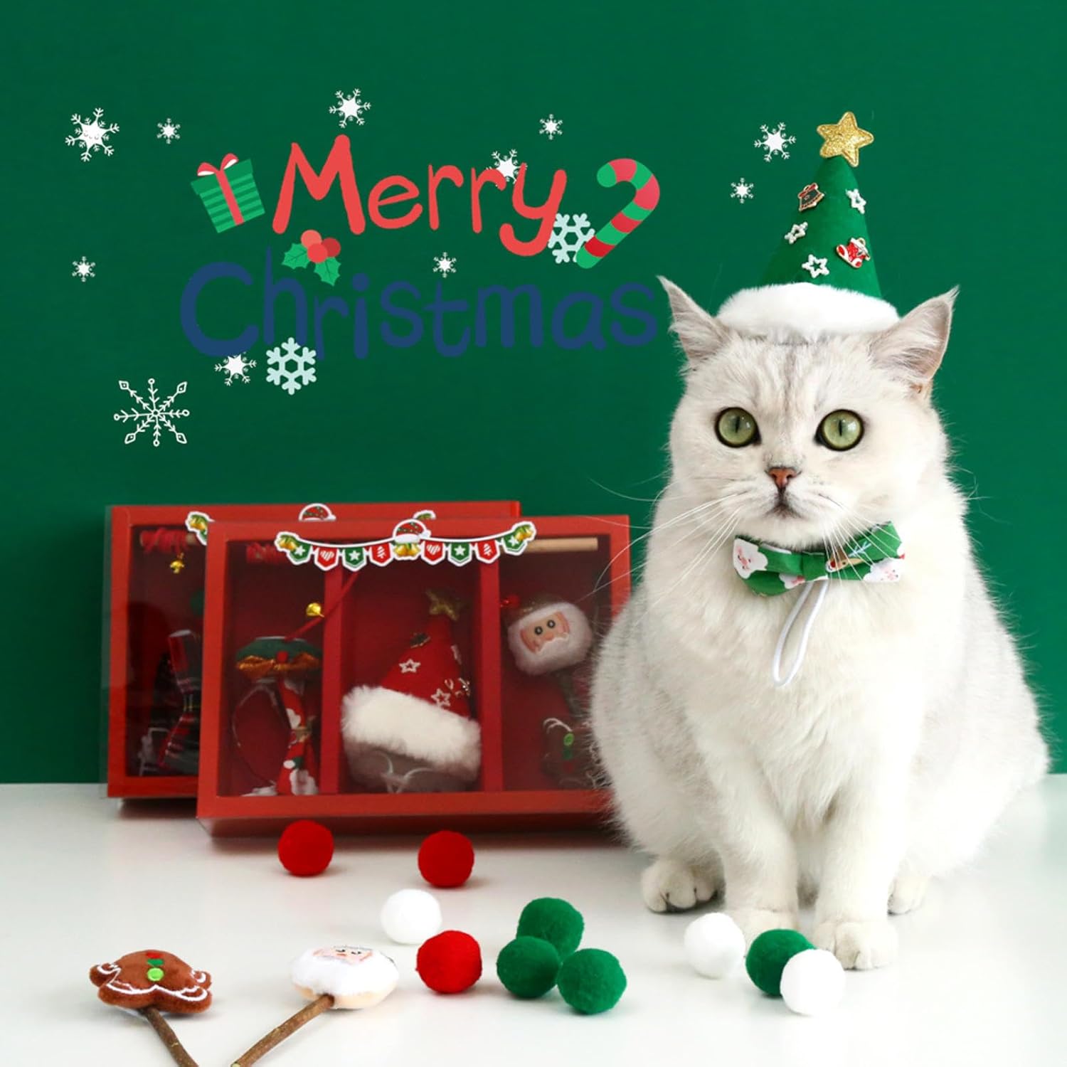 KAYNO Pet Cat Santa Claus Hat Bowtie Collar Feather Interactive Toy Set for Cat