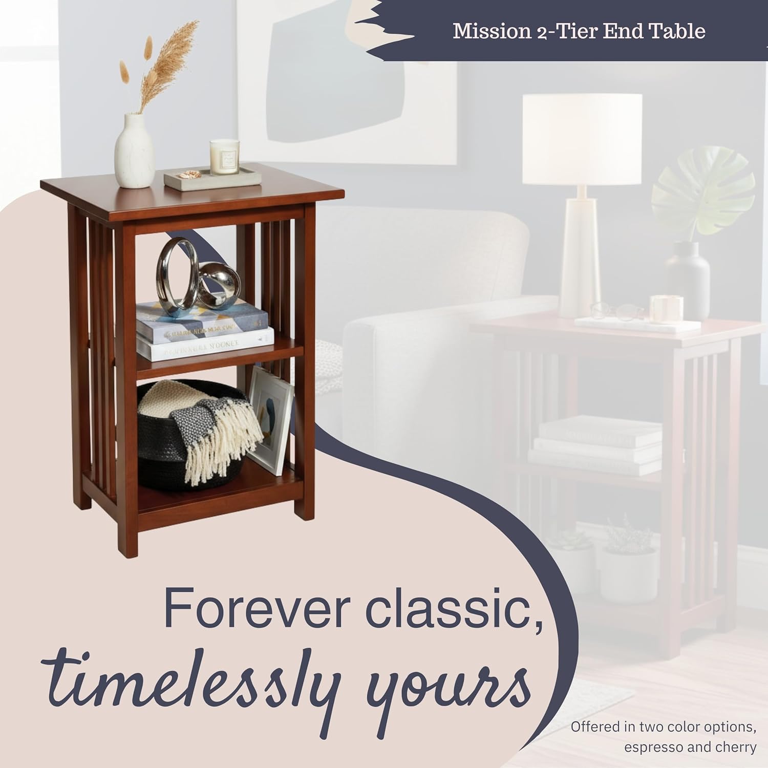 Alaterre Furniture Mission Collection – 3-Tier End Table with Vertical Slat Side Panels – Craftsman Style Wood Side Table with Open Storage for Living Room, Bedroom, or Cozy Reading Nook (Cherry)