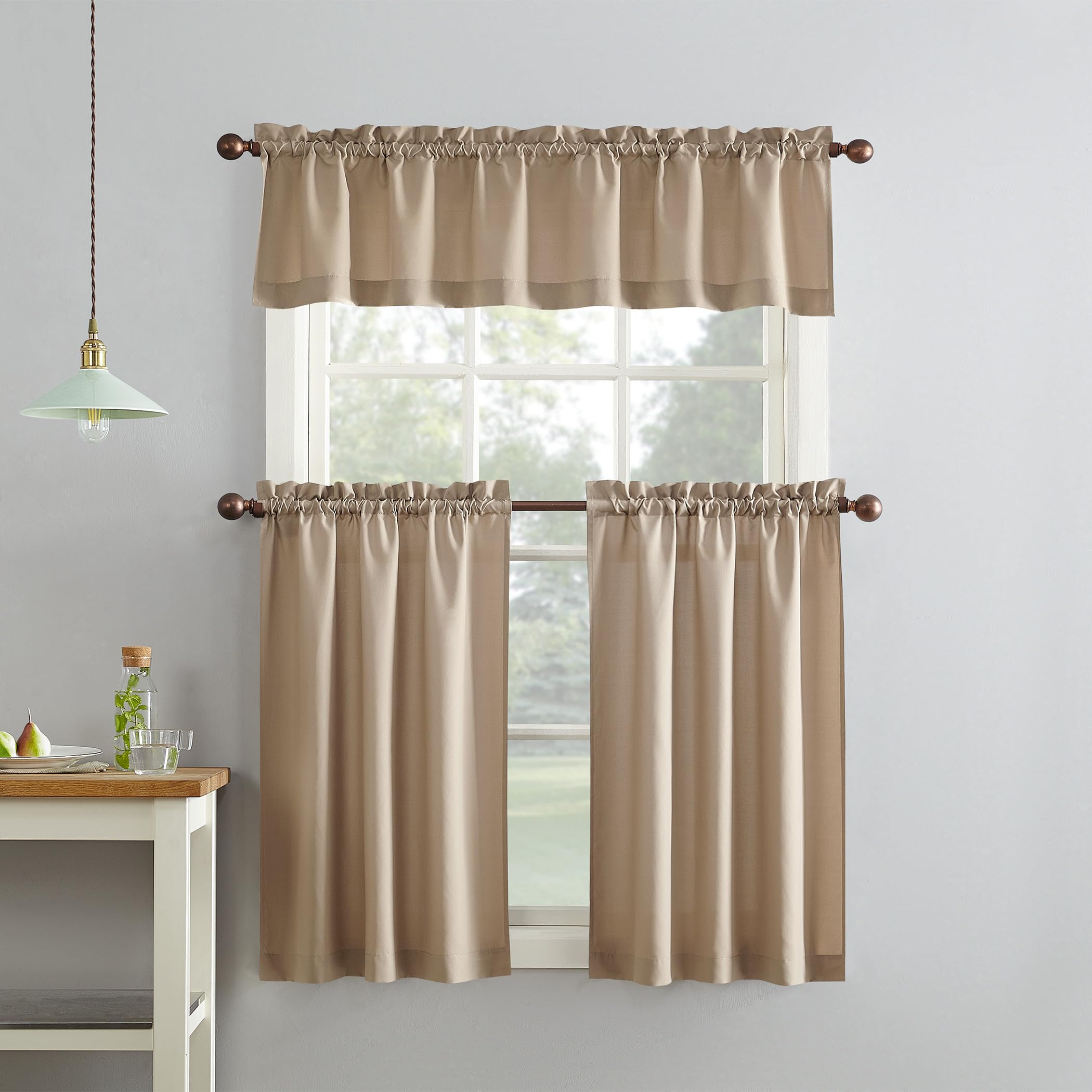 No. 918 Martine Microfiber Semi-Sheer Rod Pocket Kitchen Curtain Valance and Tiers Set, 54" x 36", Taupe