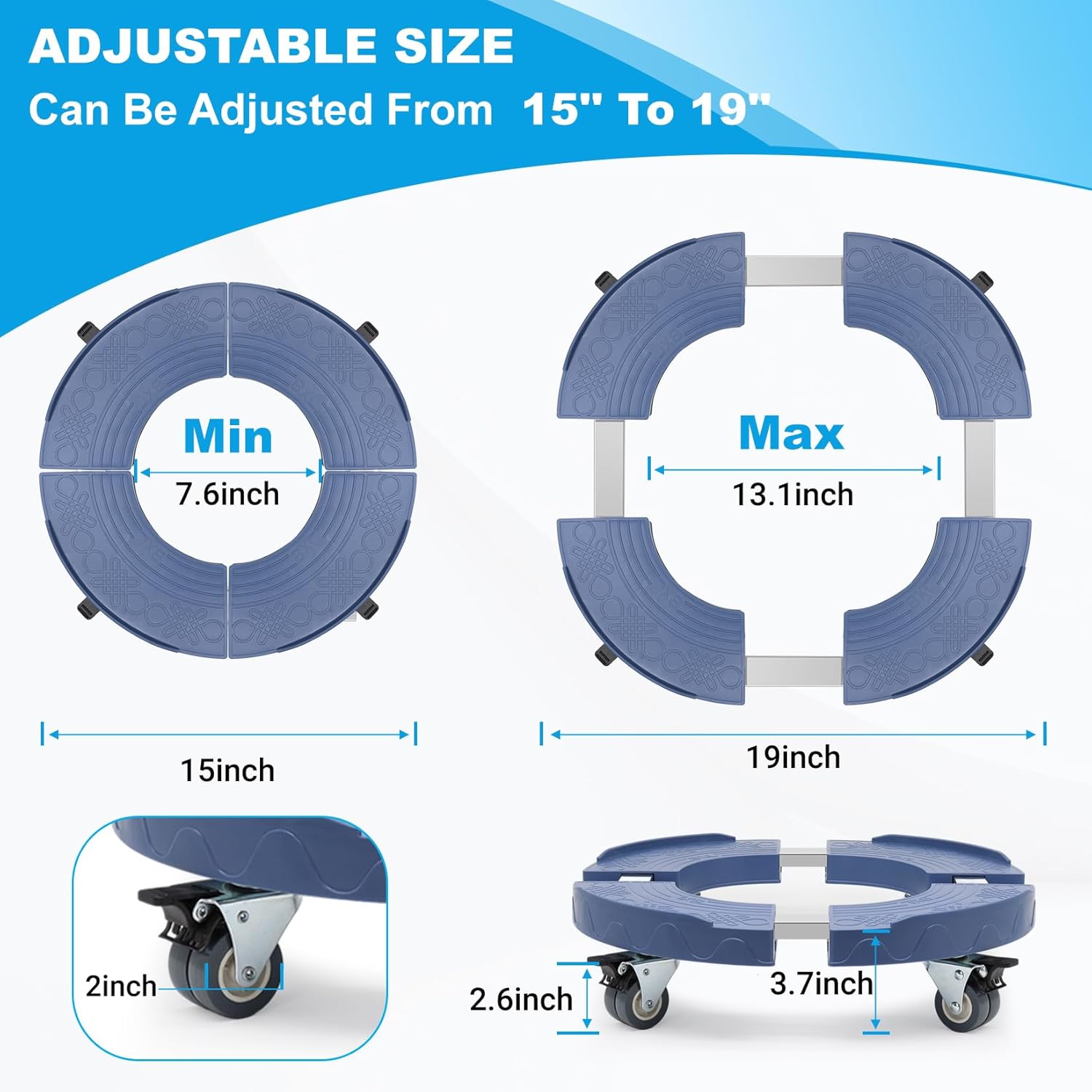 Trash Can Dolly Wheels, 15-19 Inch Adjustable Round Roller with Locking Wheels 440 LBS Heavy Duty Drum Cart Flower Pot Plant Mover Base, Blue, 2 Packs