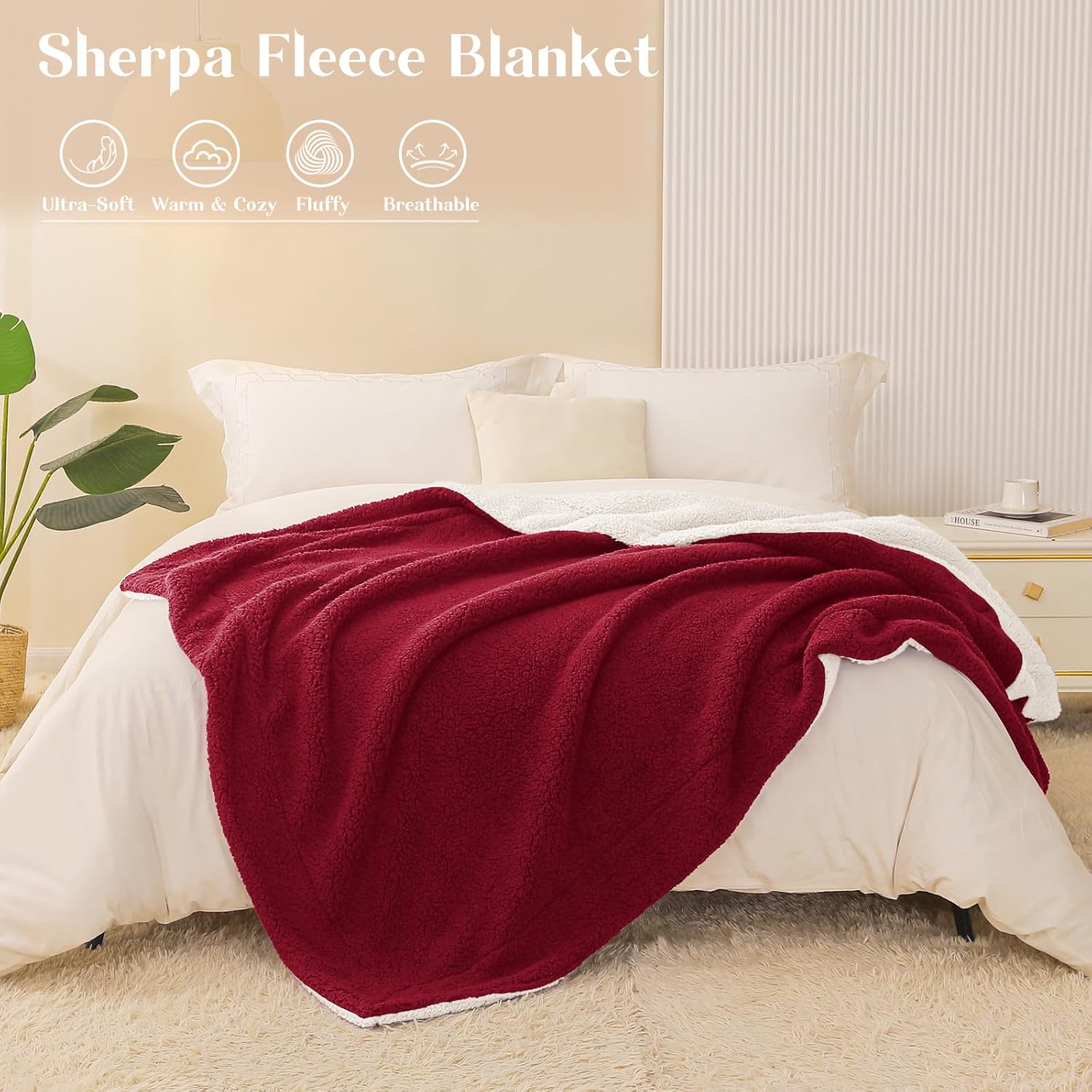 Exclusivo Mezcla Reversible Sherpa Throw Blanket for Couch, Thick and Warm Fleece Blankets for Winter, Soft Plush Fluffy, 50x60 Inches, Burgundy/Ivory - Image 4