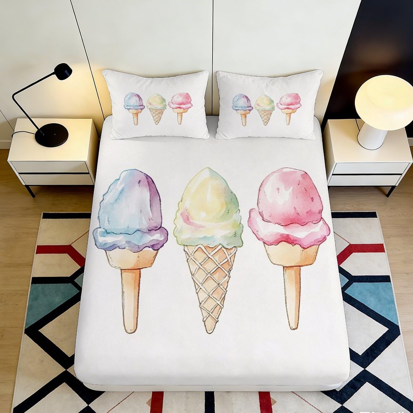 Pnayamiorkfel Style-10 3D Printed Watercolor Ice Cream Fitted Sheet Microfiber Soft Bed Cover For Bedroom Dorm Decorative Mattress Protection 90X200x25cm