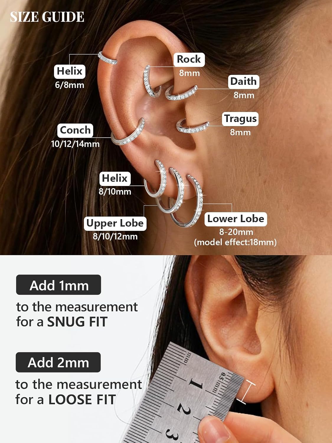 Silvora 925 Sterling Silver Huggie Hoop Earrings for Women, Small Hoop Earrings for Women, Cubic Zirconia Cartilage Earrings for Sensitive Ears, 6/8/10/12/14/16/18/20mm