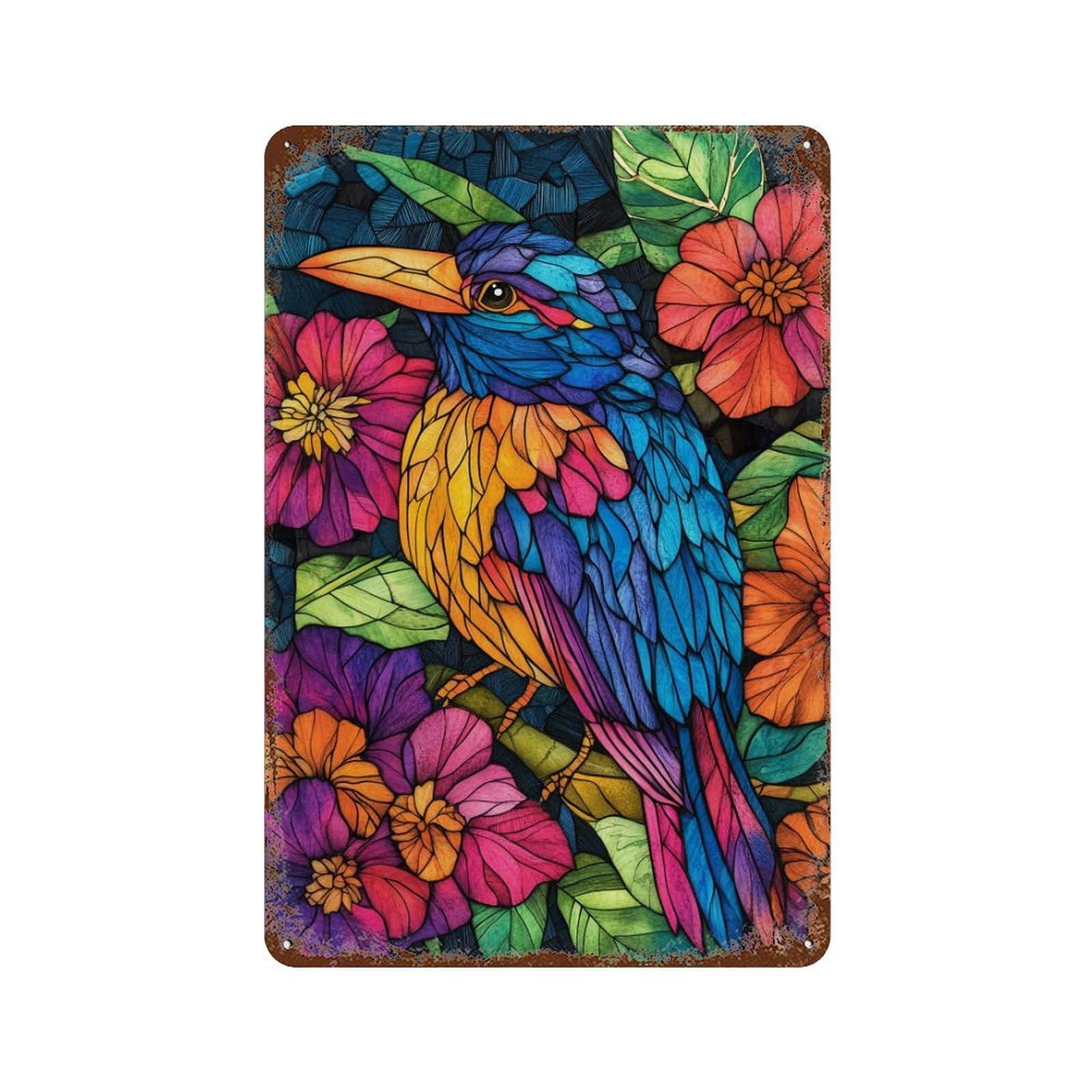 Distressed Metal Wall Sign Colorful Stained Glass Bird 11.8"x7.9", Old School Wall Decor for Bistro, Counter And Cafe Decor