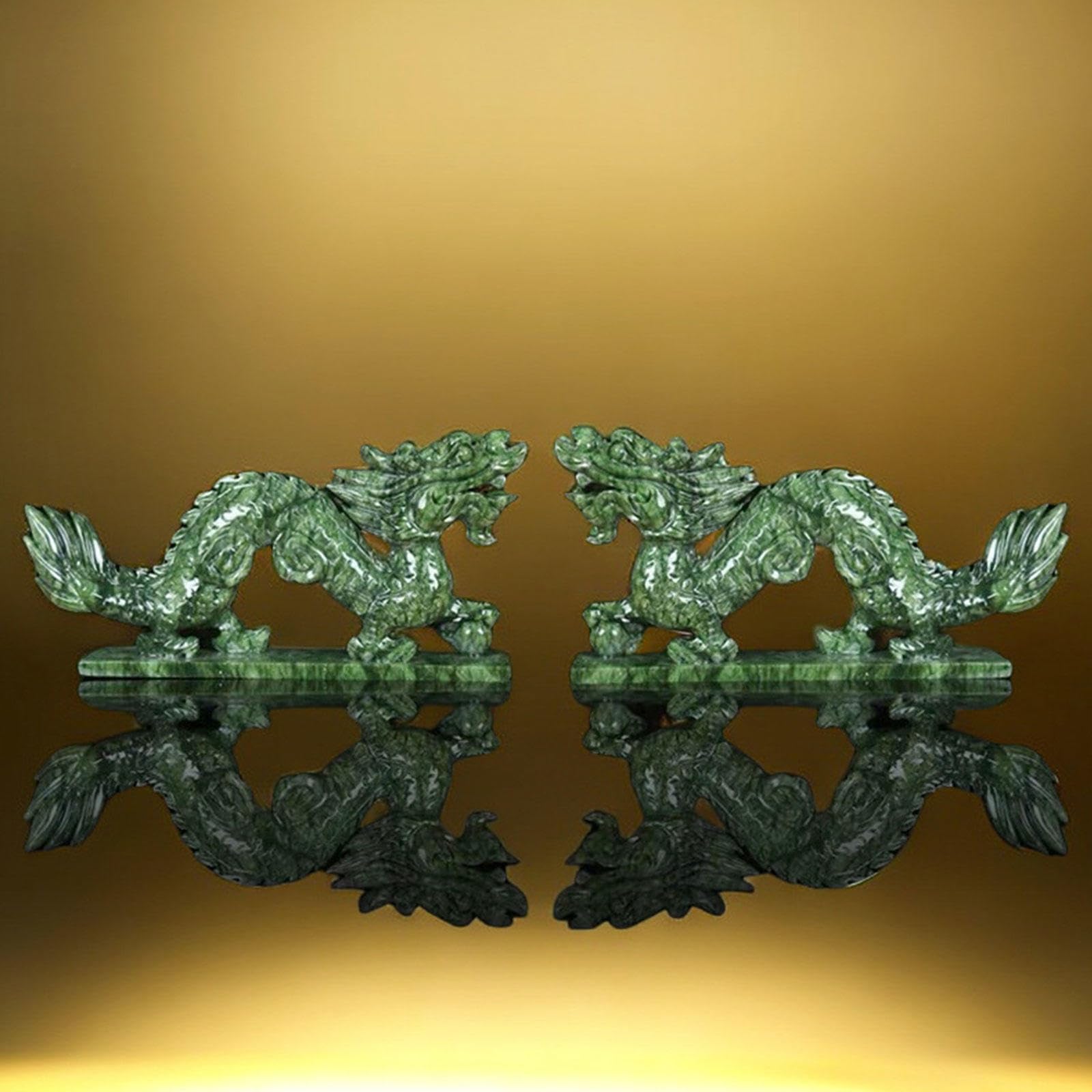 Jade Natural Qinglong Escultura de Estatua de Estatuilla de Dragón Chino Feng Shui Decoración de Escritorio para La Oficina en El Hogar para La Suerte y El éxito,11x2.4x5.9in