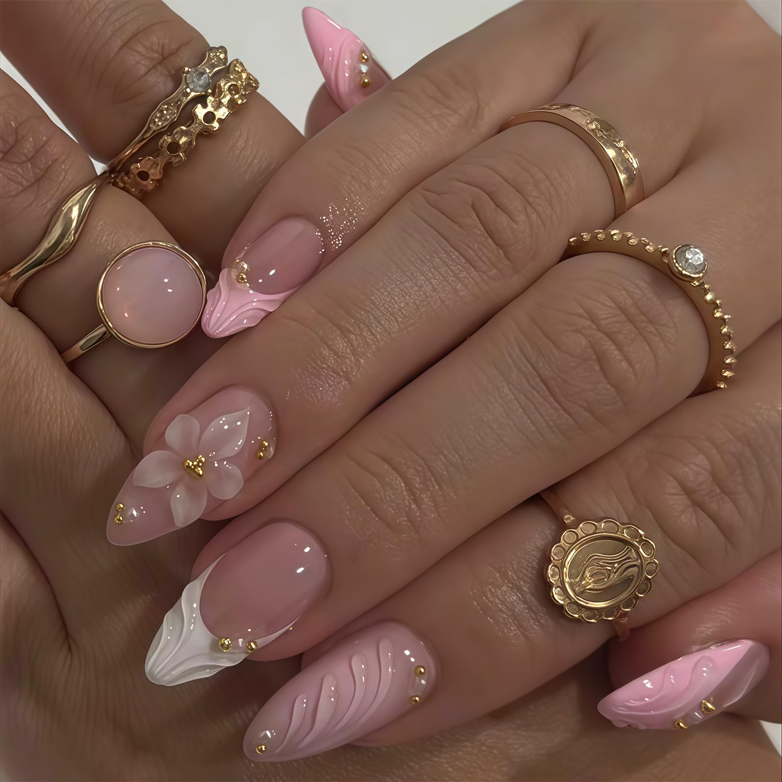 24 pièces ongles pressés moyen amande French tip rose perles dorées paillettes fleurs 3D gel faux ongles réutilisables set manucure