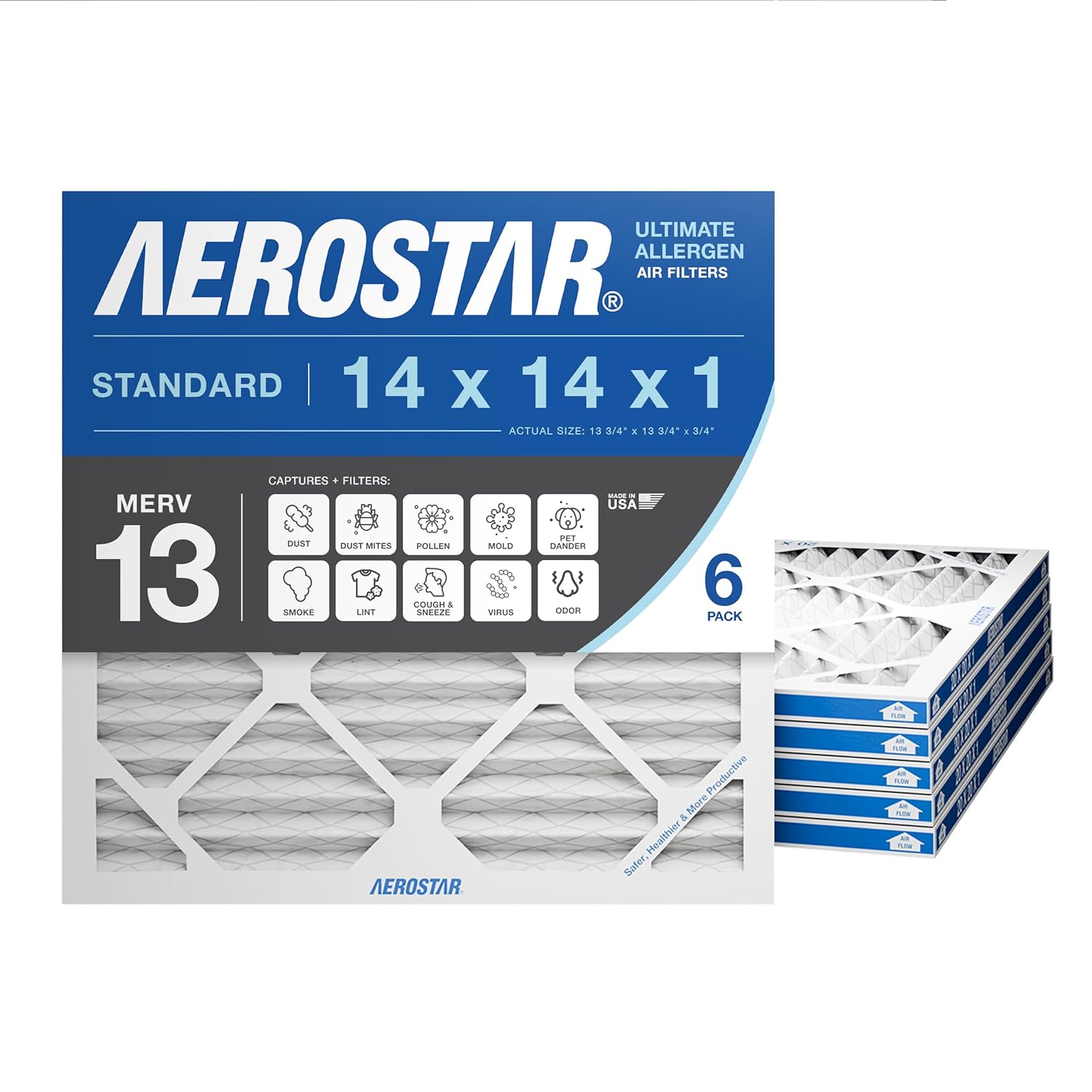 Aerostar 14x14x1 MERV 13 Air Filter, 6 Count, ACTUAL SIZE (13.75 x 13.75 x 0.75), HVAC, Air Conditioning & Furnace Filter for Allergies, Dust, Pet Dander & Smoke (MPR 1500 / FPR 10), Made in USA