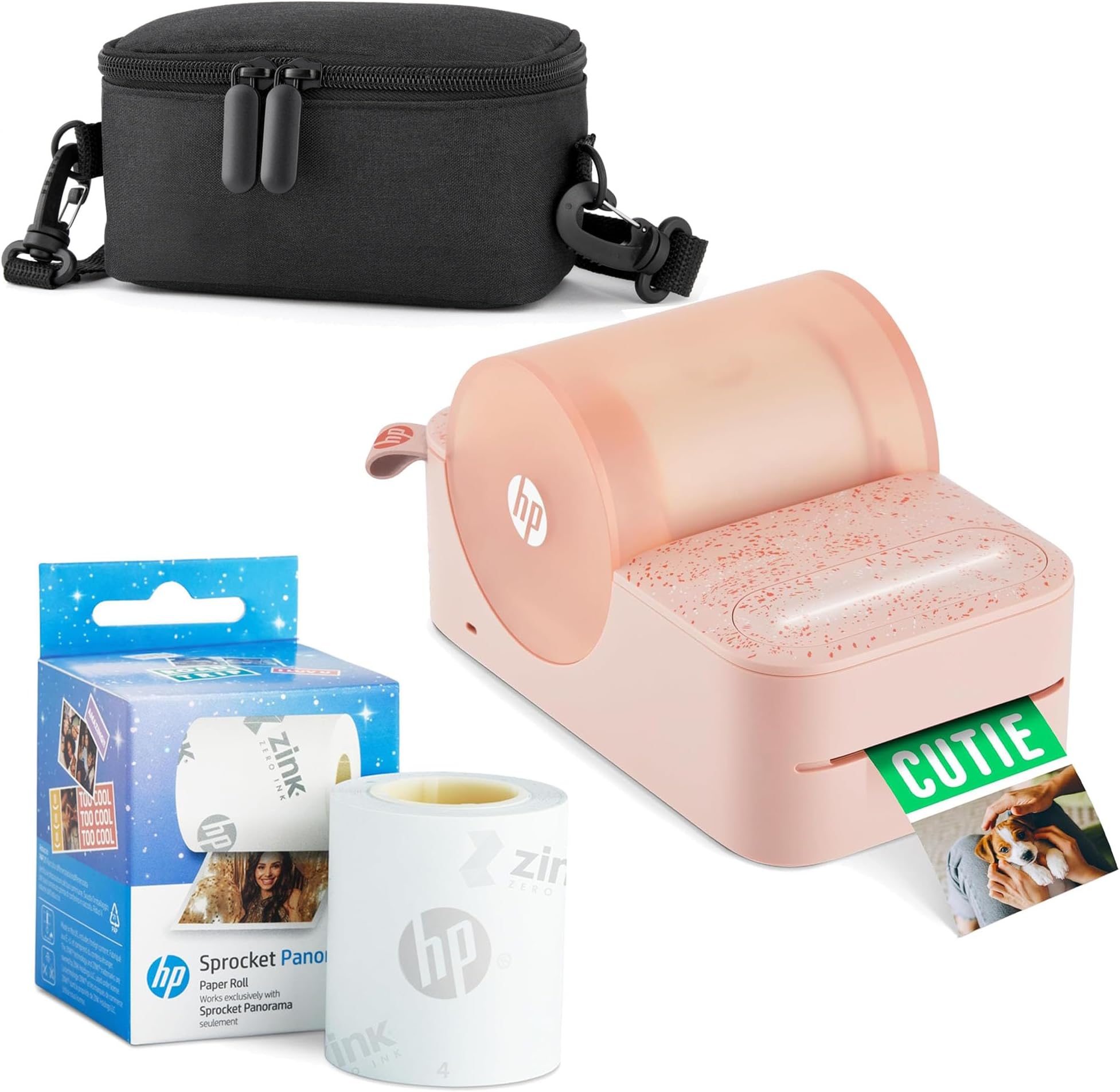 Sprocket Panorama Instant Portable Color Label & Photo Printer (Pink) Starter Bundle with case Zink roll