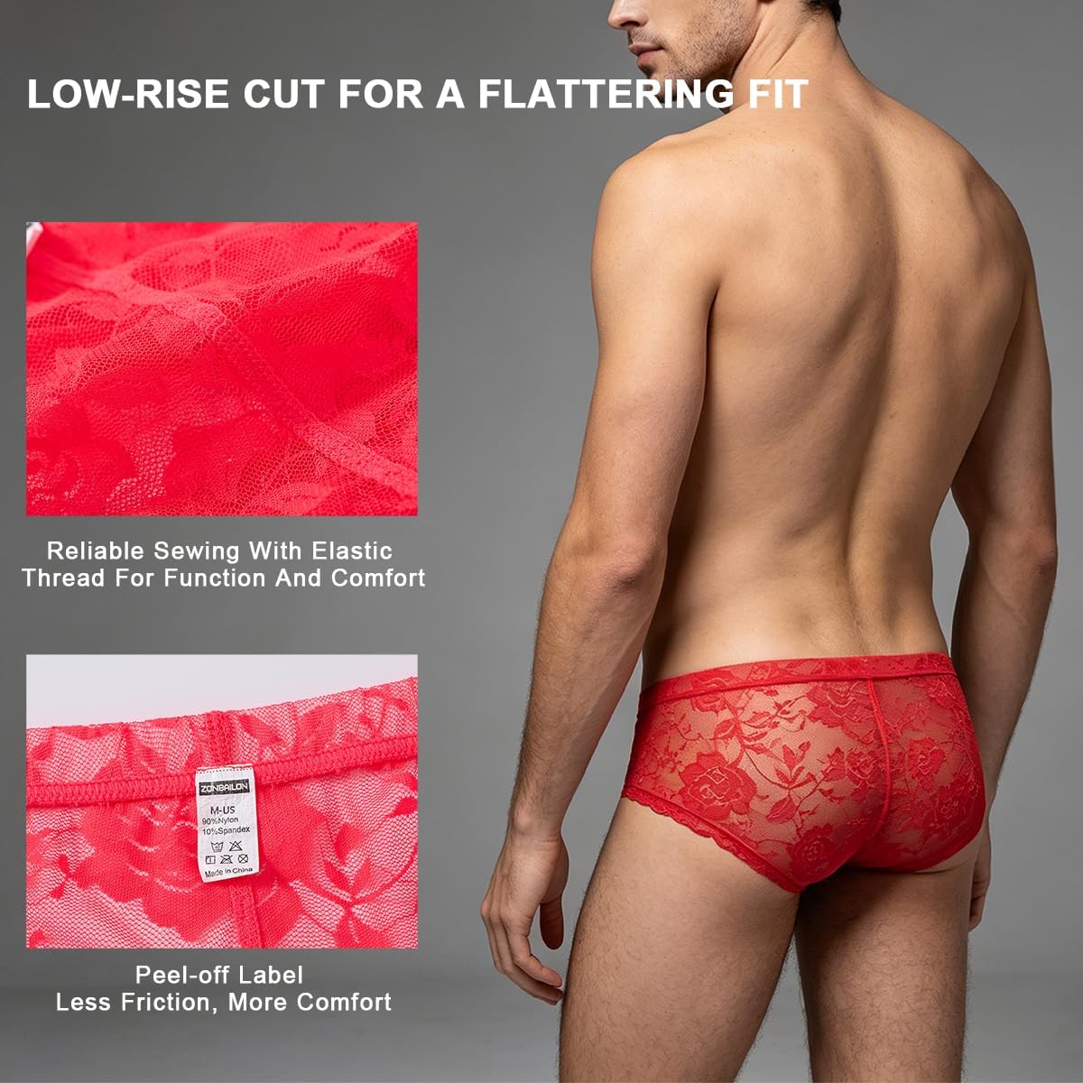 JINSHI Men's Lace Bikini Briefs - Sheer Underwear Pouch Breathable Panties