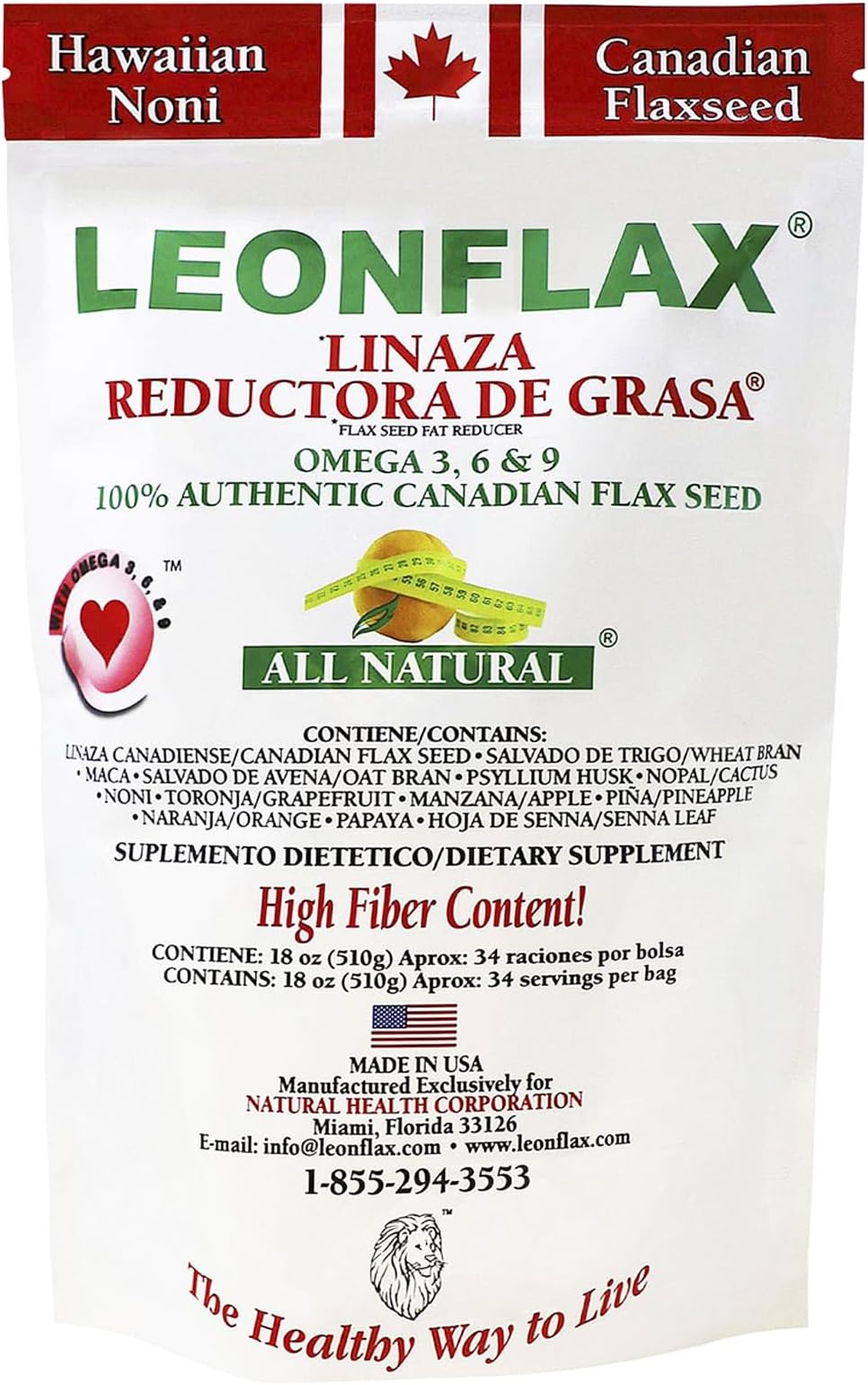 100% Authentic Canadian Flax Seed, All-natural, High Fiber Content, Dietary Supplement to Improve your Digestive Health, 18 Oz, Bag