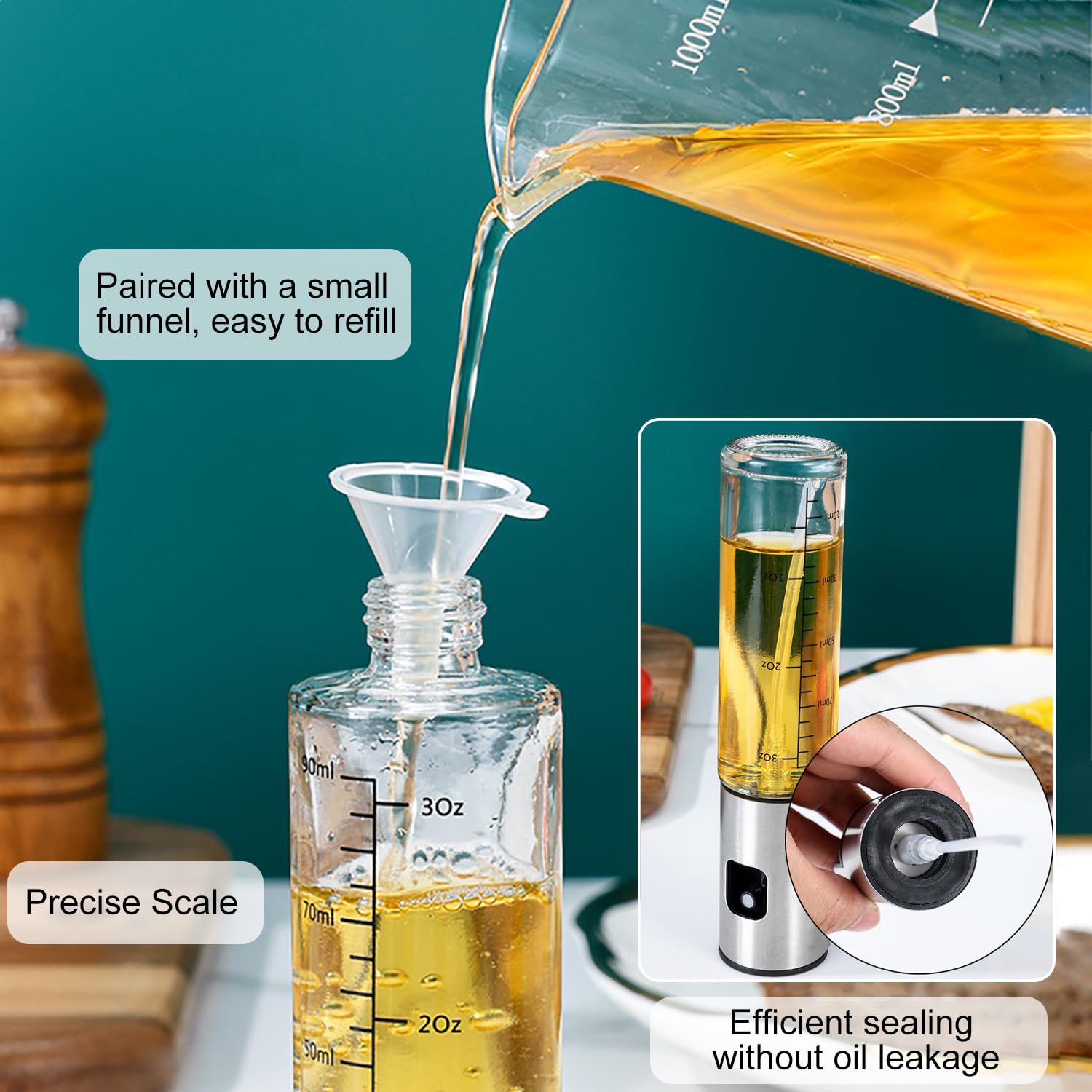 Spruzzatore Olio E Aceto In Vetro - 2 Pezzi Da 100ml Con Spazzole E Imbuti | Ideale Per Cucina Sana - Foto 3