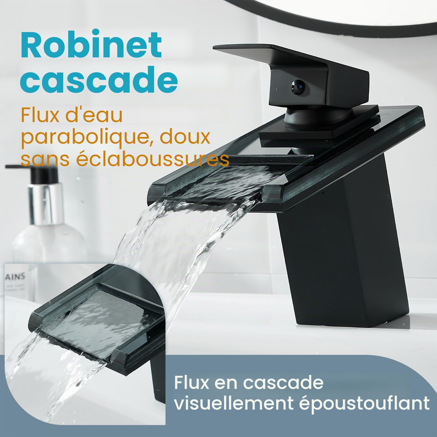Robinet de salle de bain en verre à levier unique Noir | Mitigeur monocommande en acier inoxydable