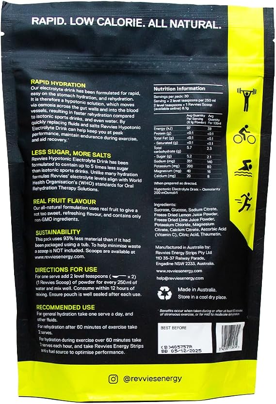 Revvies Hypotonic Electrolyte Drink | Lemon Lime | 30 Serves | Rapid Hydration | More Salts Less Sugar | All Natural | Easy On The Stomach | Vegan