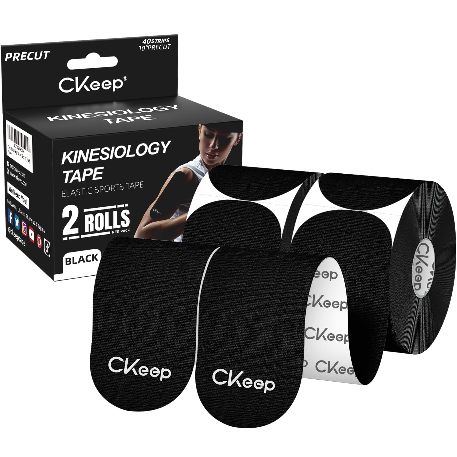 CKeep Kinesiology Tape precut Strips, 40 Count Elastic k Tape, Black