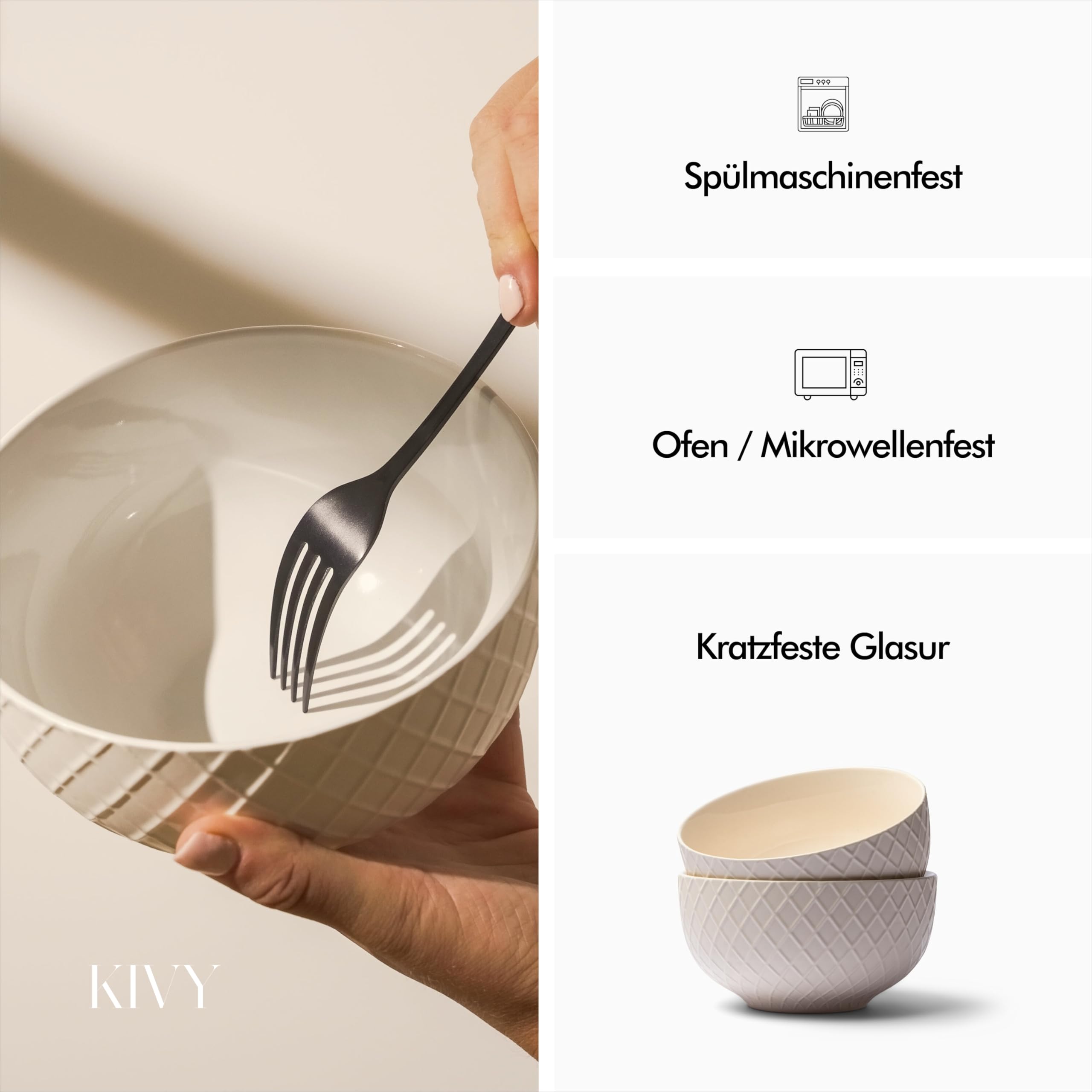 KIVY Zestaw miseczek do zupy i musli – 6 x 850 ml – duże miski ceramiczne (kremowo-biała)