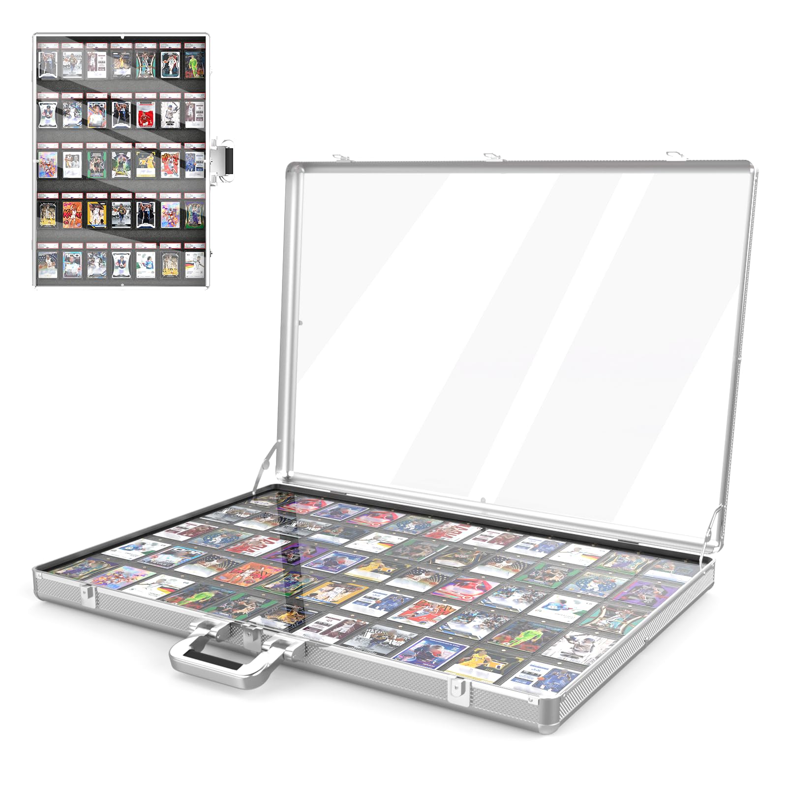 Aluminium-Karten-Vitrine mit Schloss und anpassbarem Schaumstoffeinsatz, große Glas-Tischvitrine für Sammelkarten, Schmuck, Sammelkarten, tragbare Acryl-Aufbewahrungsbox für Handel und Zuhause