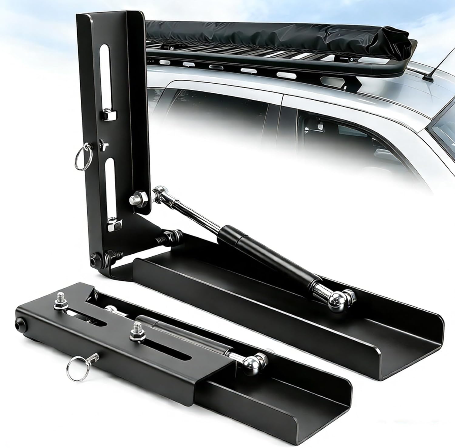 Heavy Duty Awning Brackets with Gas Strut, Dual-Angle 0° & 90° Foldable L-Shape Mounting Kit for Roof Rack, Fits 180°/270°/Shower Awnings, Universal Slotted Design for Most Crossbars 2PCS