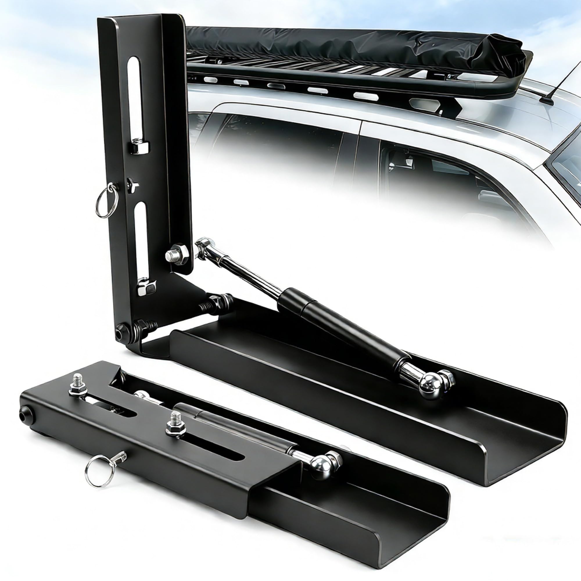 Photo 1 of Moroayop Awning Brackets with Gas Strut, Dual-Angle 0° & 90° Foldable L-Shape Mounting Kit for Roof Rack, Fits 180°/270°/Shower Awnings, Universal Slotted Design for Most Crossbars 2PCS