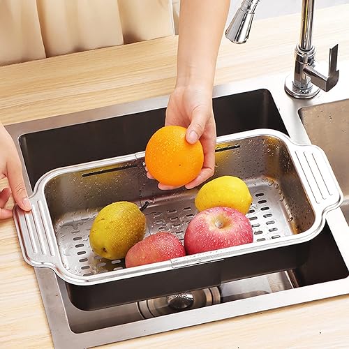 GLYNAE Paquete de 2 coladorcolador sobre el fregadero colador de acero inoxidable con mango ajustable para pasta frutas y verduras utensilios de
