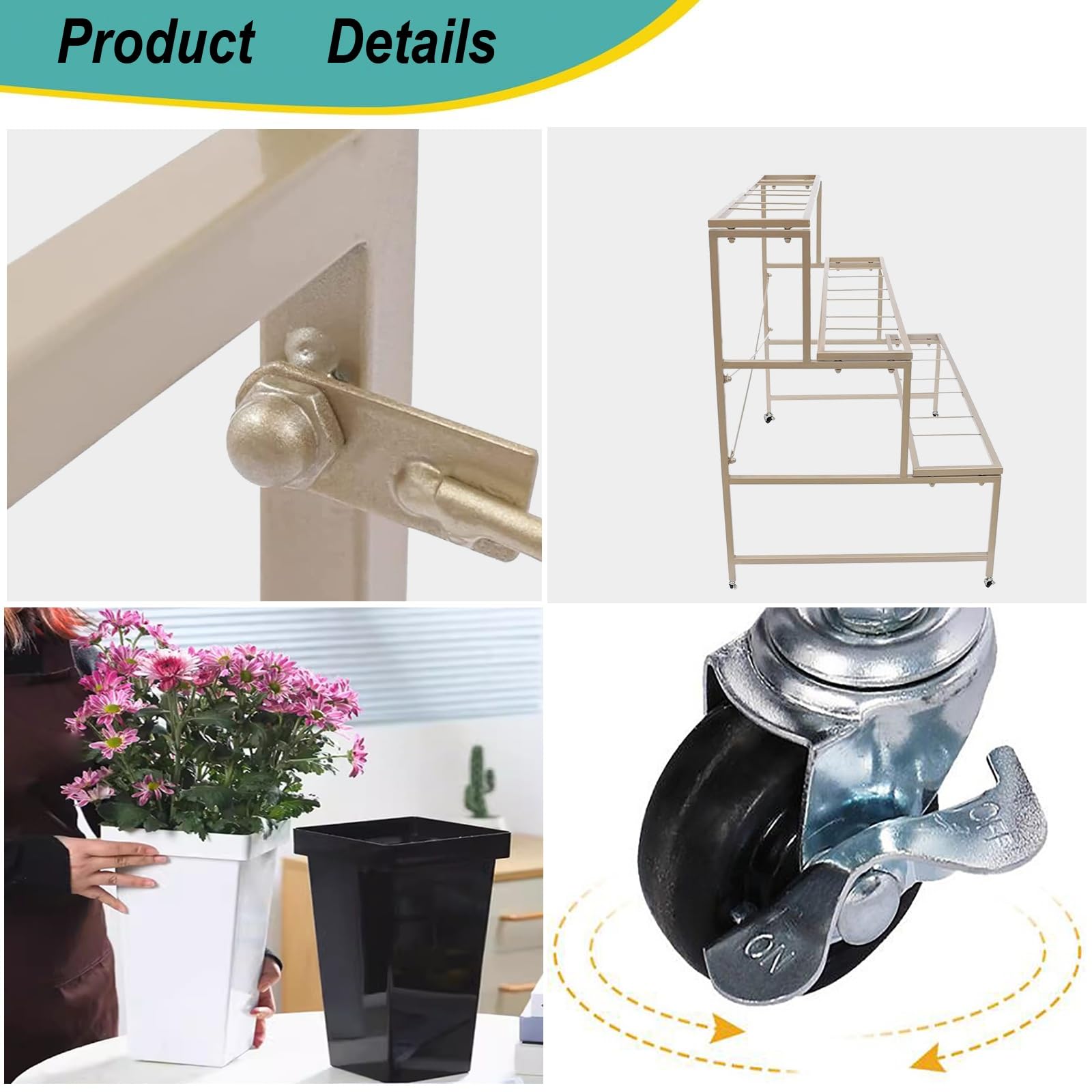 Espositore per fiori con 12 secchi, supporto per piante a 3 livelli con ruote, in metallo, per fiorai, negozi, interni, esterni, patio, giardino, balcone, porta piante