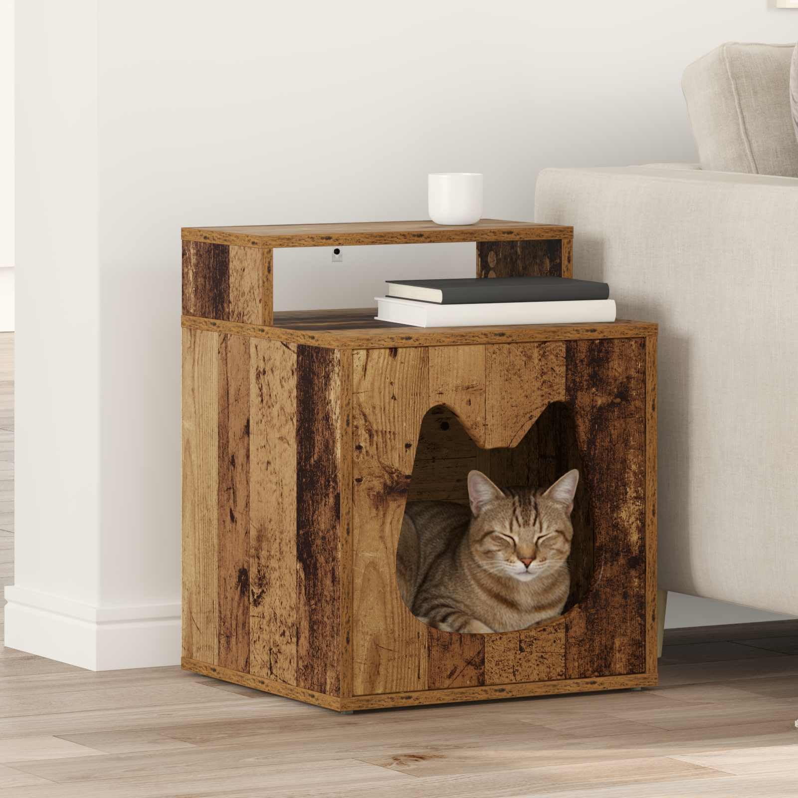 Domek dla kota stare drewno, materiał drewnopochodny, 42,5 x 40 x 53,5 cm, z akcesoriami montażowymi, prostokątny, kompaktowy, przytulne miejsce odpoczynku dla kotów w salonie i sypialni