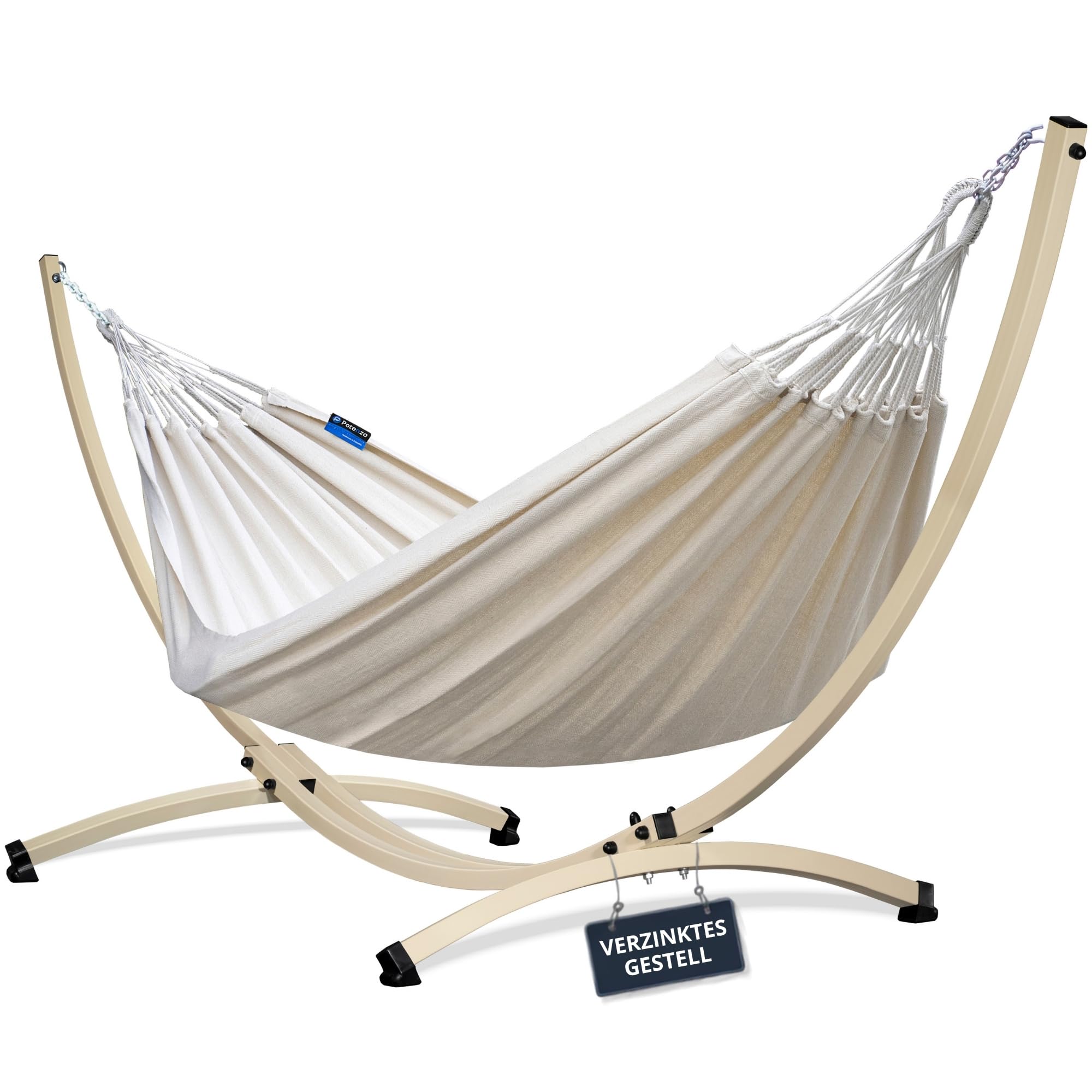Potenza Amaca da Giardino con Supporto in Acciaio ZINCATO A CALDO – Amaca Doppia 230x160 cm, 200 kg in 100% Cotone con Struttura lunga 365 cm, Portata 220 kg, con Telaio Resistente alle Intemperie