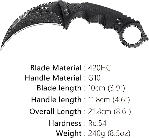 Miniatura 2 de JXE JXO Cuchillo de garra, hoja de acero 420HC de espiga completa, mango antideslizante G10 (8.6 pulgadas de longitud con vaina)