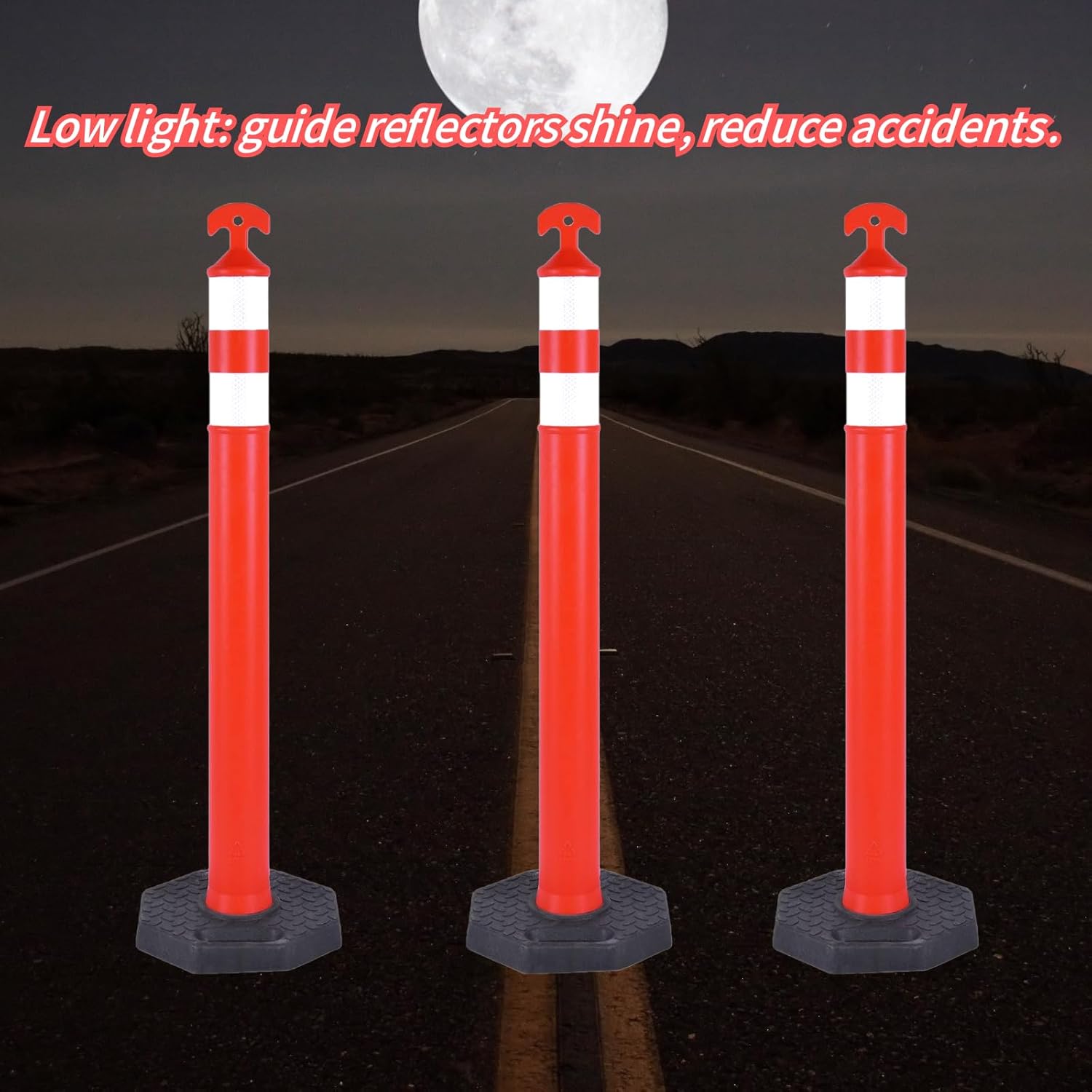 Reflective Rubber Base Traffic Delineator Post - Heavy-Duty Safety Bollards for Parking Lot Markers, Road Construction, Driveway Warning - with Reflective Strips (6 Pack - 42 Inch)