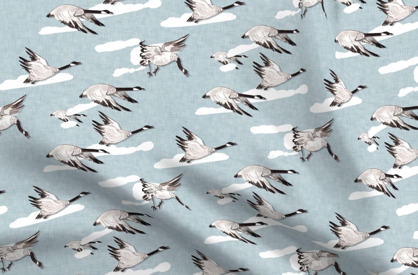Spoonflower Fabric - Flying South Geese Duck Sky Goose Canada Birds Bird Animal Clouds Printed on Denim Fabric Fat Quarter - Bottomweight Apparel Home Decor Upholstery