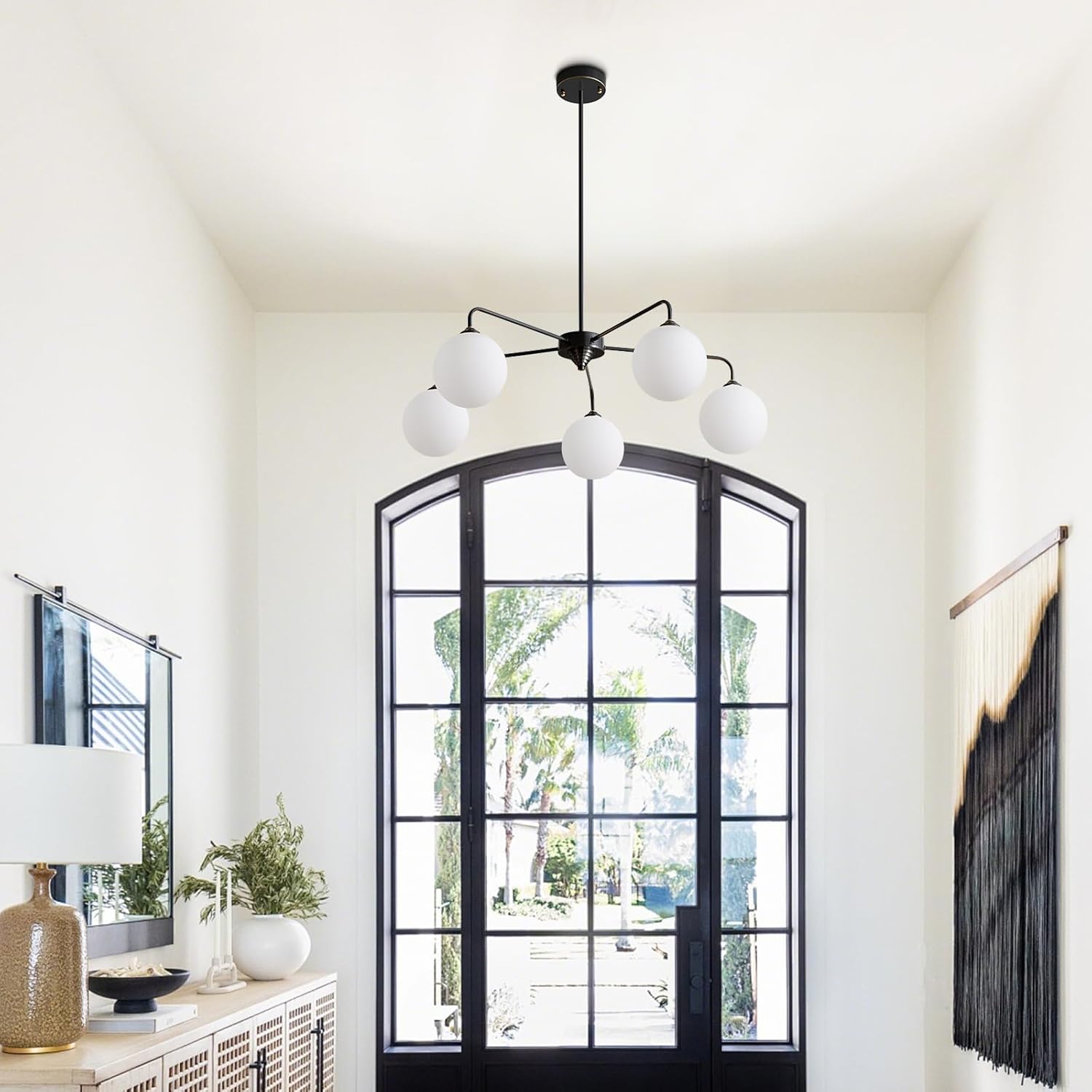 5 Light Mid Century Sputnik Chandelier with White Frosted Globe Glass Shade Pendant Lighting Fixture Living Room Large Pendant Lamp for Bedroom Kitchen Island