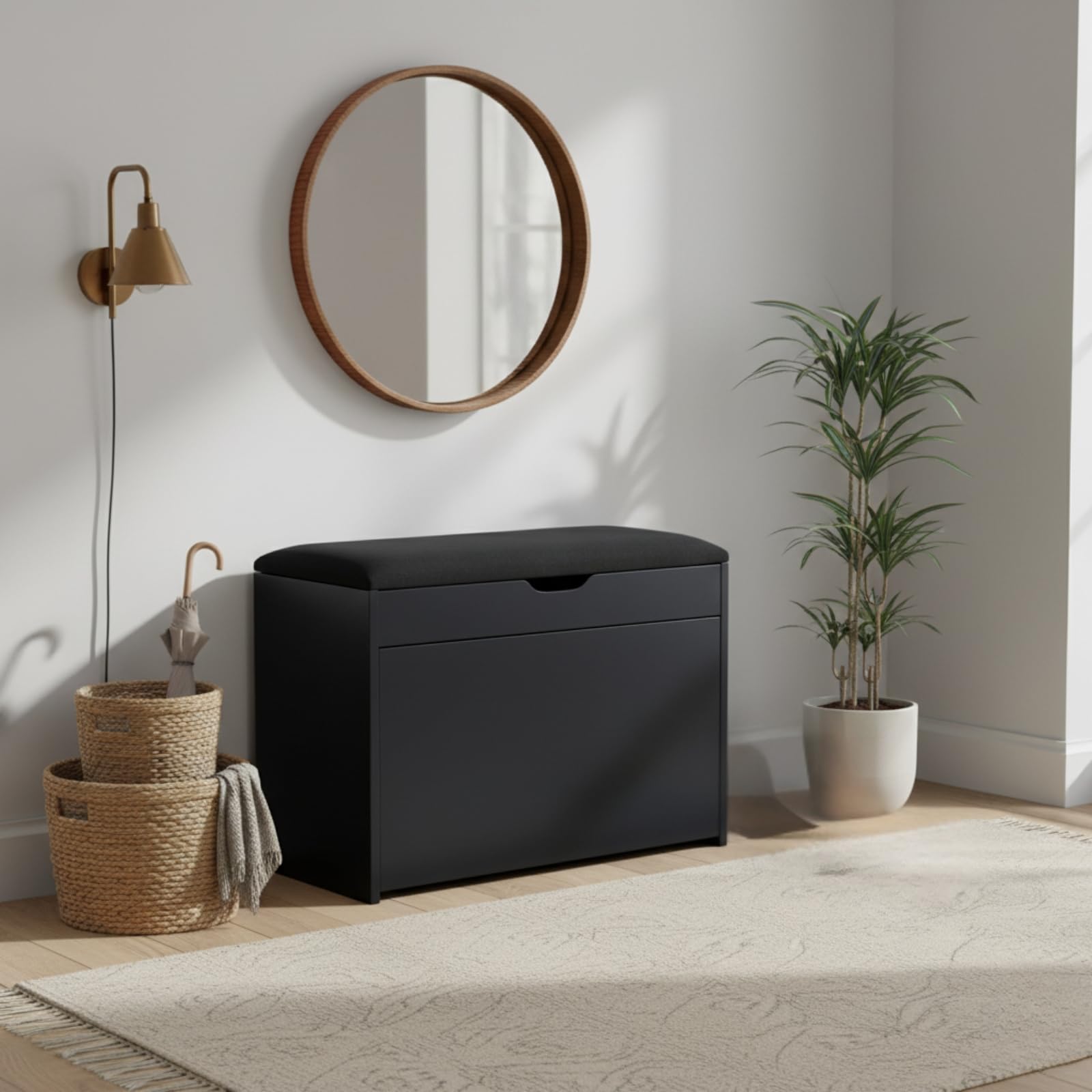 MDF Schuhschrank mit Sitzbank und ausziehbaren Regalen, Polyester Polsterung, 57 x 30 x 53 cm, Multifunktional für Flur (schwarz)