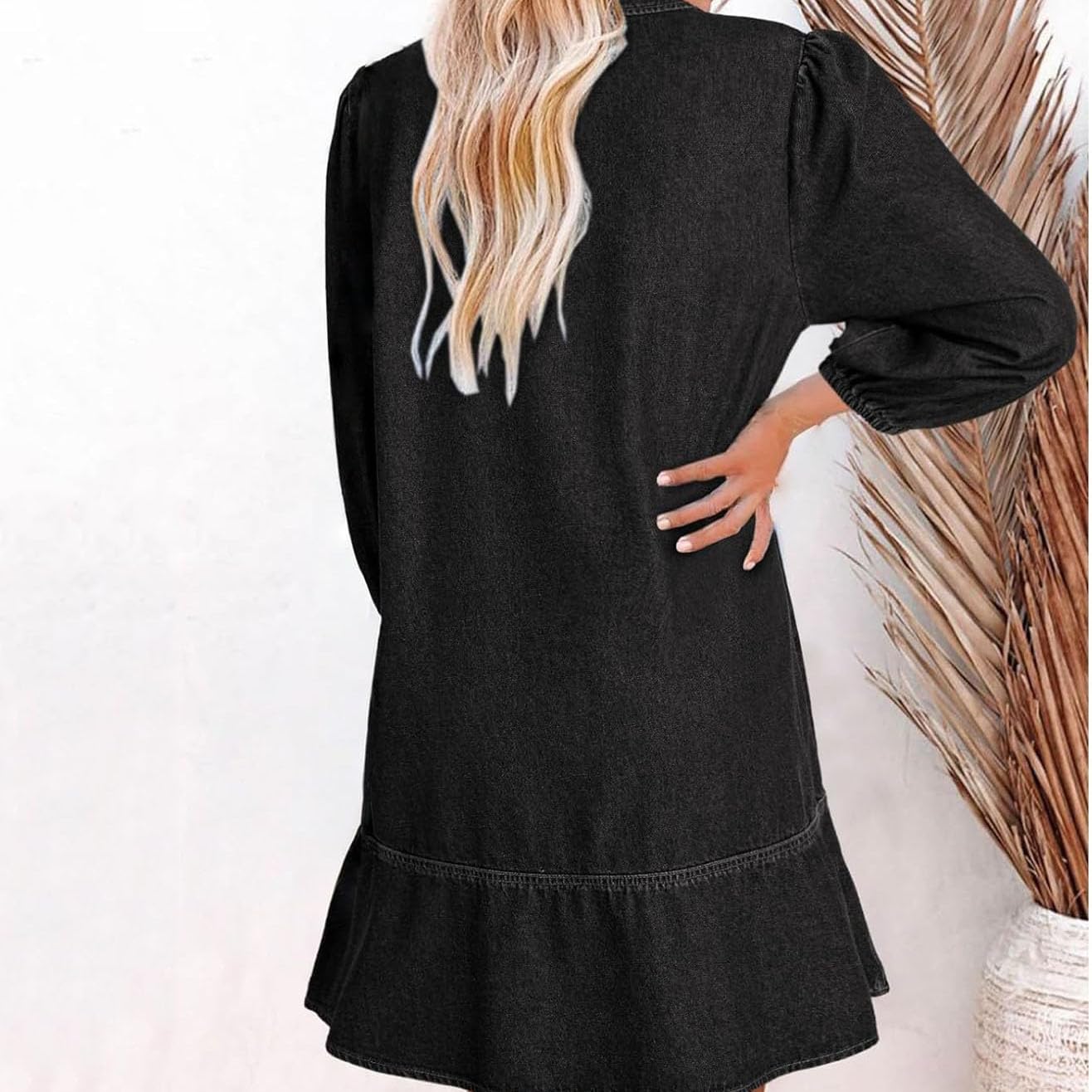 Vestido Vaquero con Capas, Cuello en V y Mangas abullonadas para Mujer, Vestidos Vaqueros con Volantes y Mangas 3/4, Vestido Vaquero Camisero Holgado de Verano con Bolsillos. (Black,L)