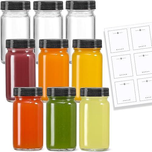 Vista 8 de Paquete de 9, botellas de vidrio de 2 onzas con tapas negras y 9 etiquetas, tarro pequeño transparente para jengibre, inyección de bienestar, jugo