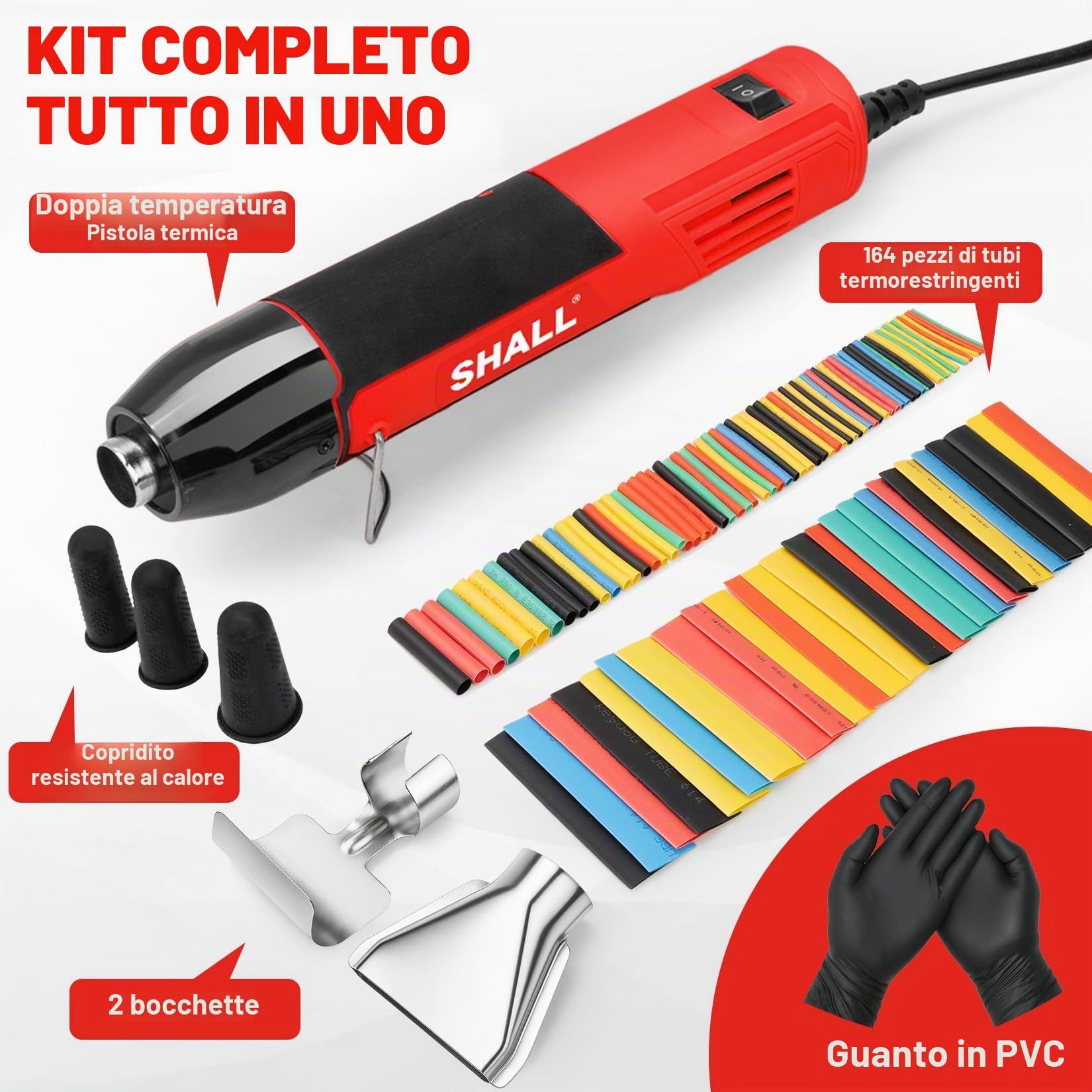 SHALL Mini set di pistole termiche, pistola termica portatile, supporto pieghevole, 2 impostazioni di temperatura 230°C/400°C, adatto per lavori artigianali, pellicola termoretraibile