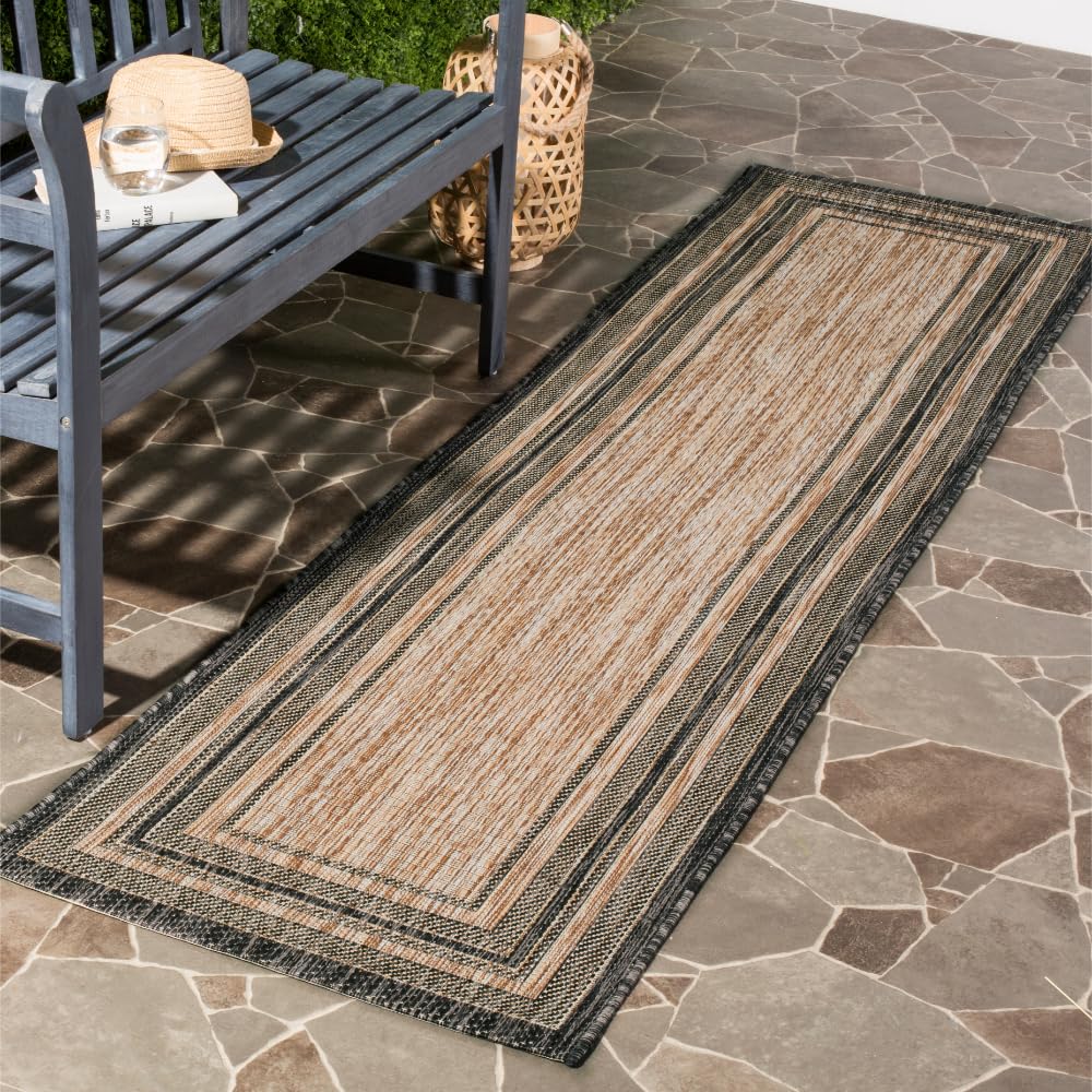 Courtyard Collection 2'3" x 8' Natural / Black CY8475 Indoor/ Outdoor-Waterproof Easy-Cleaning Patio Backyard Mudroom Runner-Rug