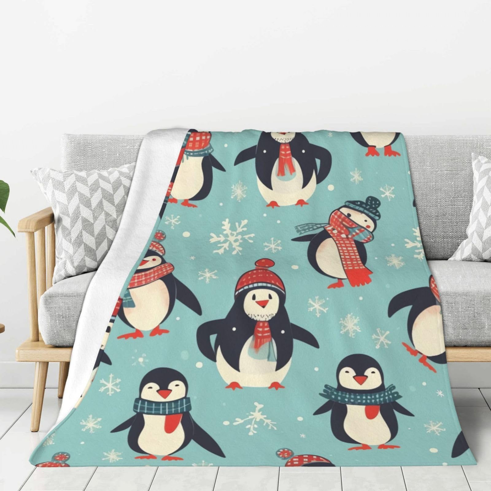 Winter Christmas Penguins Throw Blanket Plush Flannel Fleece Blanket, Soft Lightweight Cozy Blankets 80"X60" for Bed Couch Sofa Travel