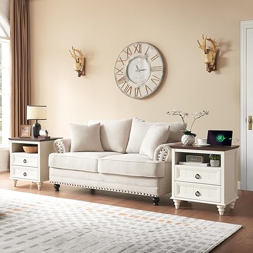 Miniatura 7 de Mesita de noche de granja con estación de carga, mesa auxiliar grande de 22 pulgadas con 2 cajones y estante abierto, mesita de noche cuadrada de