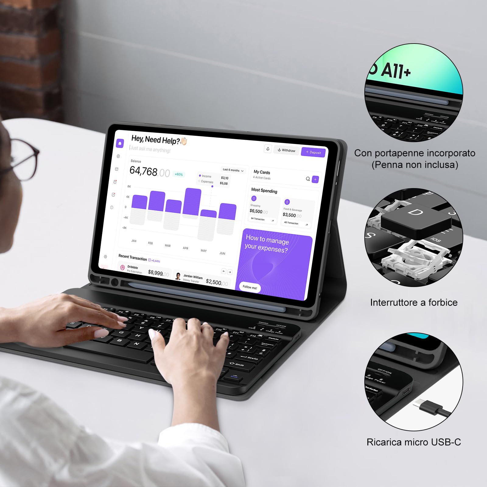 JADEMALL Tastiera per Samsung Tab A11+/A11 Plus 11" 2025, Italiana QWERTY Tastiera Bluetooth Bluetooth Magnetica Staccabile per Samsung Galaxy Tab A11+ Plus 11" 2025 SM-X230/X235/X236B, Nero