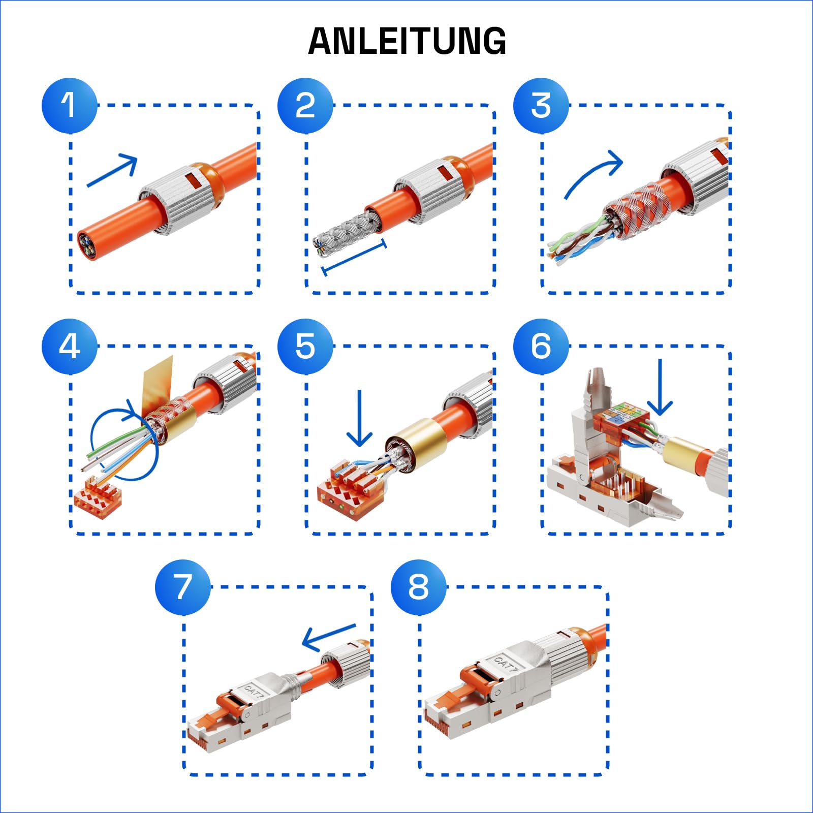 HB-DIGITAL 12 connettori CAT 7 RJ45 per cavi di posa Ethernet rigidi – senza attrezzi STP completamente schermato con contatti placcati in oro da 50 µ, connettore ad alta velocità da 10 Gbps